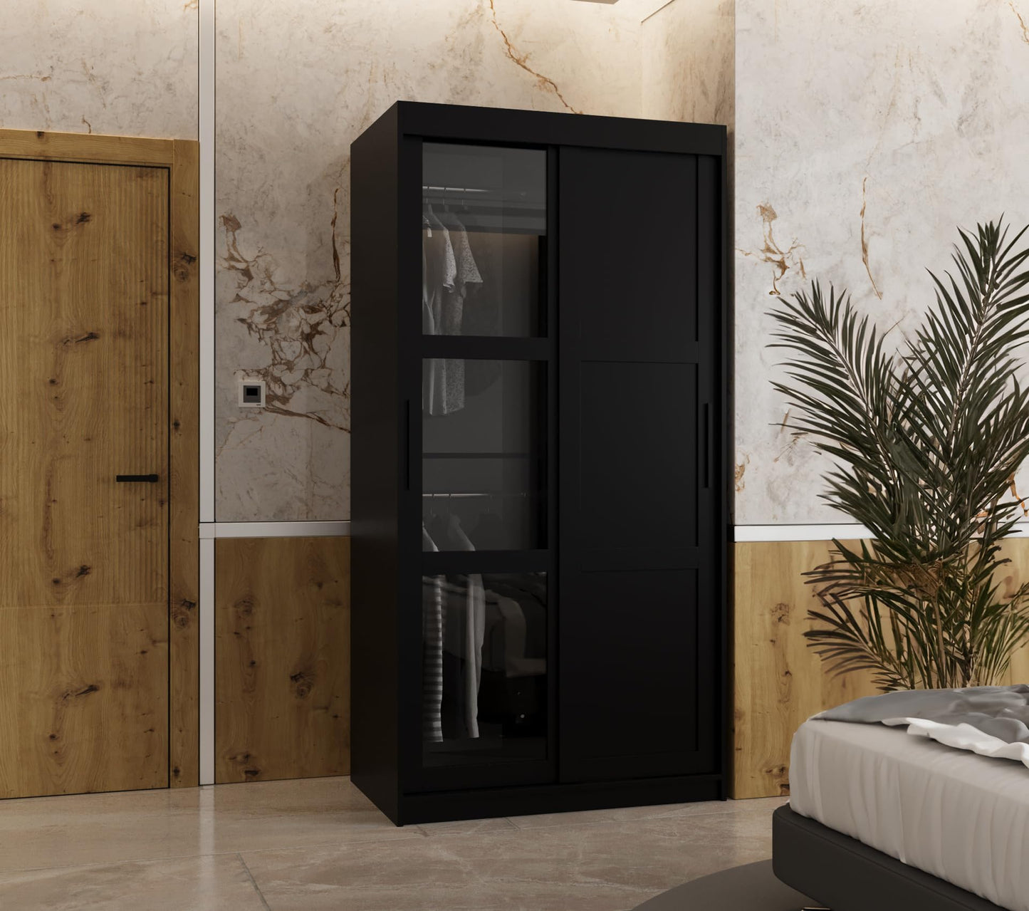 MEBLE KRYSPOL Dome 2 Schrank mit DREI Schiebetüren mit Spiegel, Stangen und Regalen - Aufbewahrungsschrank mit Rauchglas für Schlafzimmer, Wohnzimmer - 200x250x62cm - Schwarz, Schwarz, Schwarz