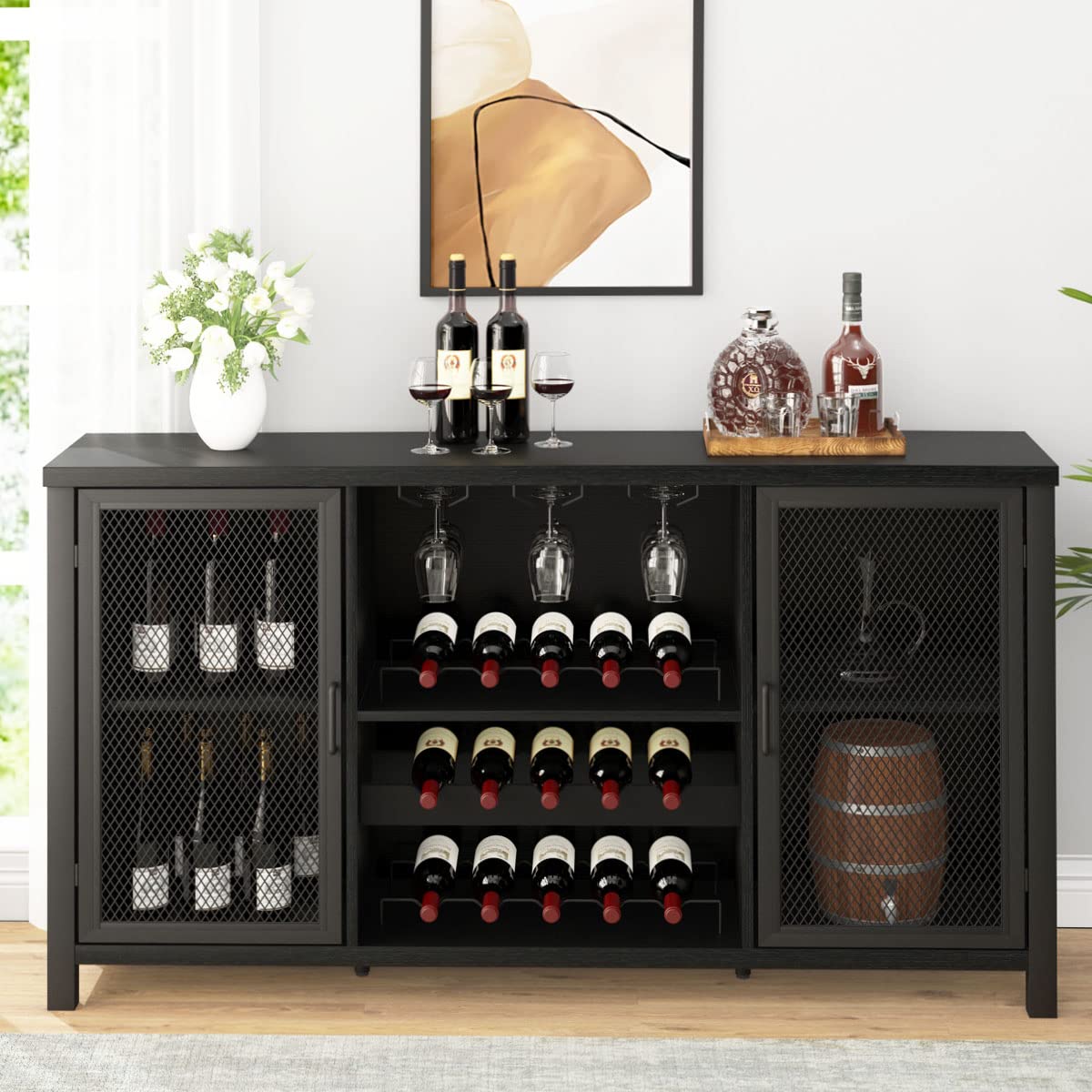 Mudmasa Küchenschrank Buffetschrank Sideboard Barschrank, Küchekommode Holz, mit 2 Türen, Weinschrank Beistellschrank für Wohnzimmer, Küche, Esszimmer, 35 x 140 x 82 cm, Schwarz