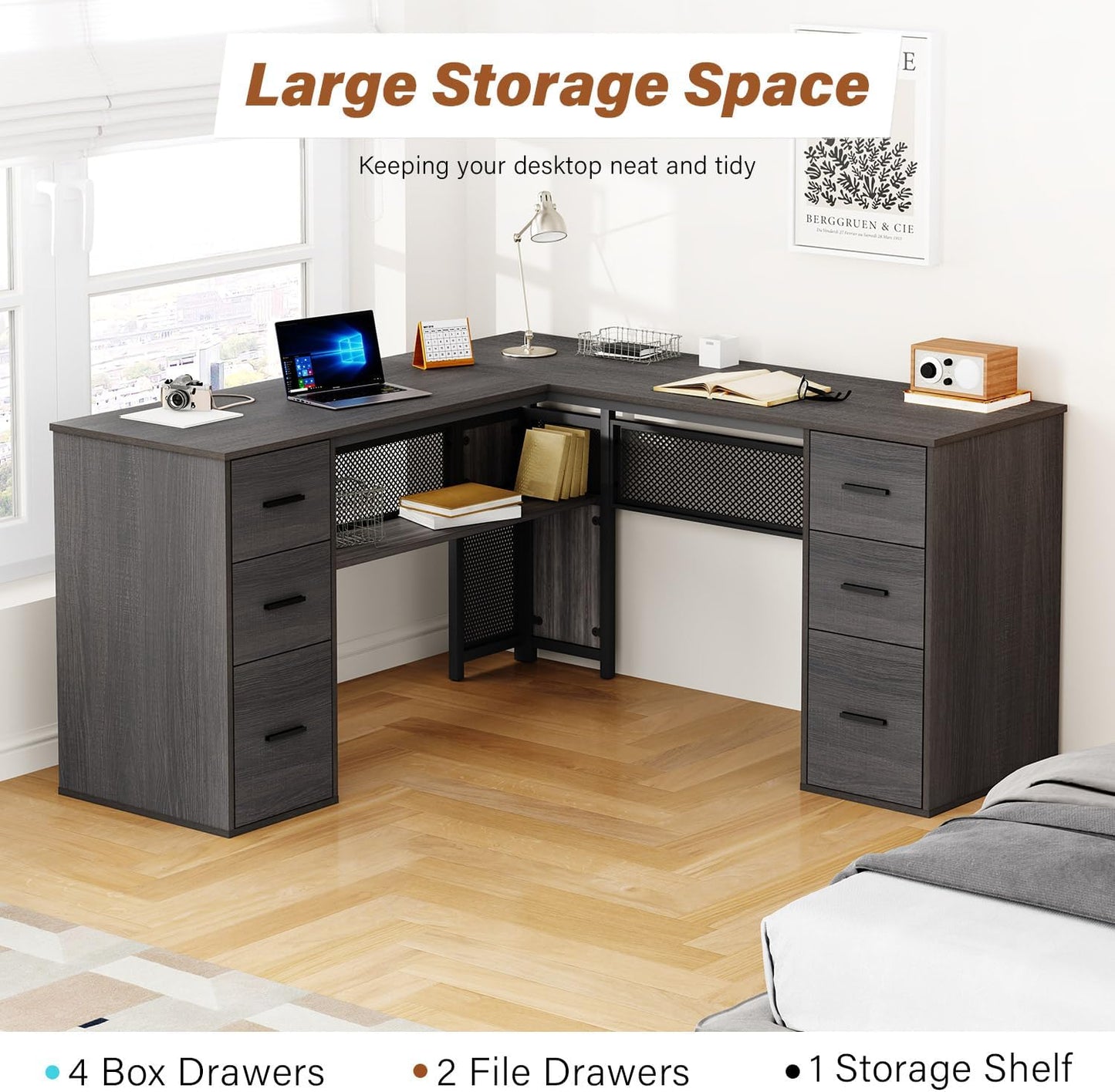 HSH - Black L Shape Corner Desk with Filing Drawers and Shelves, Reversible Corner Desk Made of Metal and Wood with Storage Cabinets