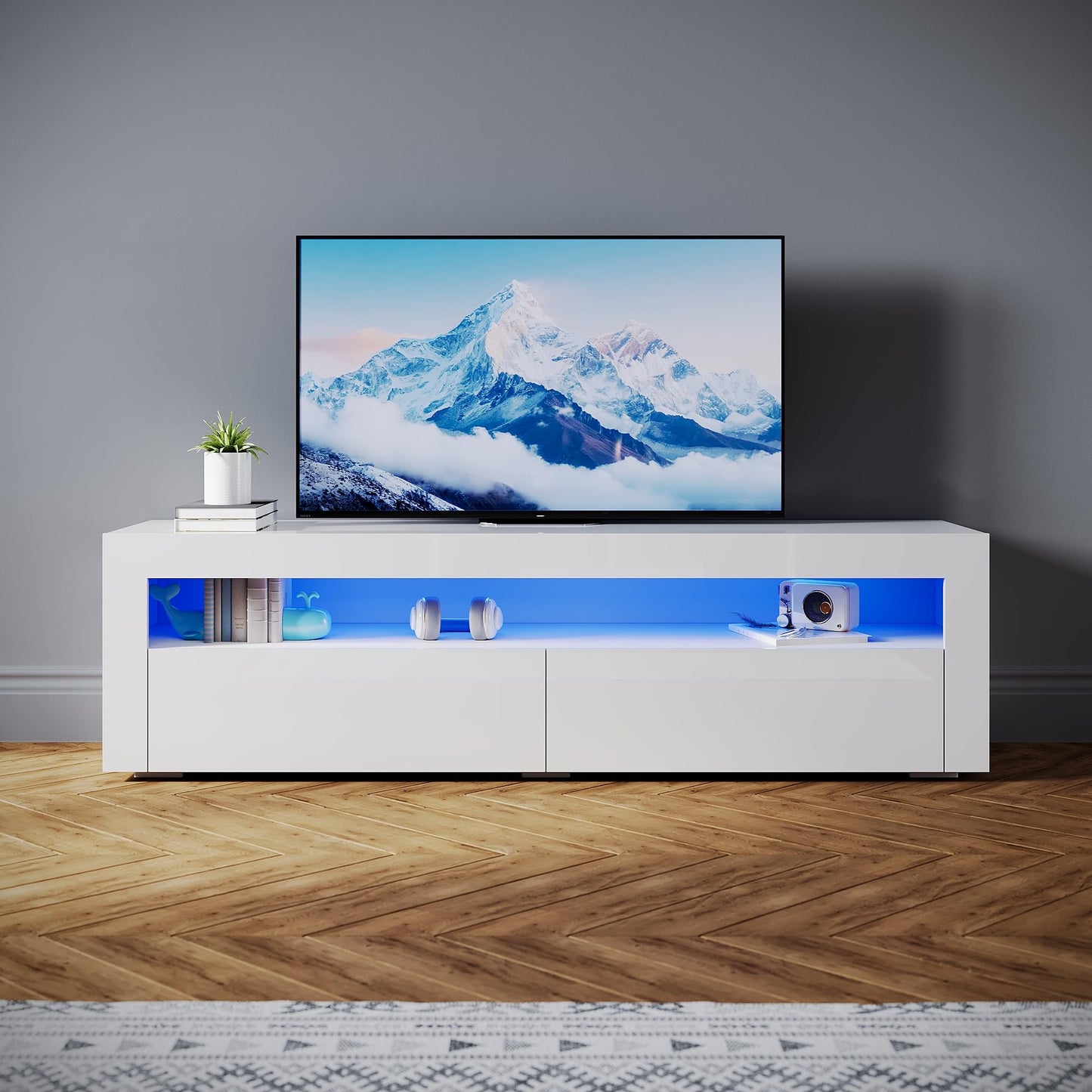 SONNI Modern TV Cabinet 180 cm, Lowboard High Gloss White with 16 Colours LED Lighting, Drawer, Open Glass Shelves, TV Stand for TVs up to 65 Inches, Living Room & Bedroom, 180 x 35 x 45 cm