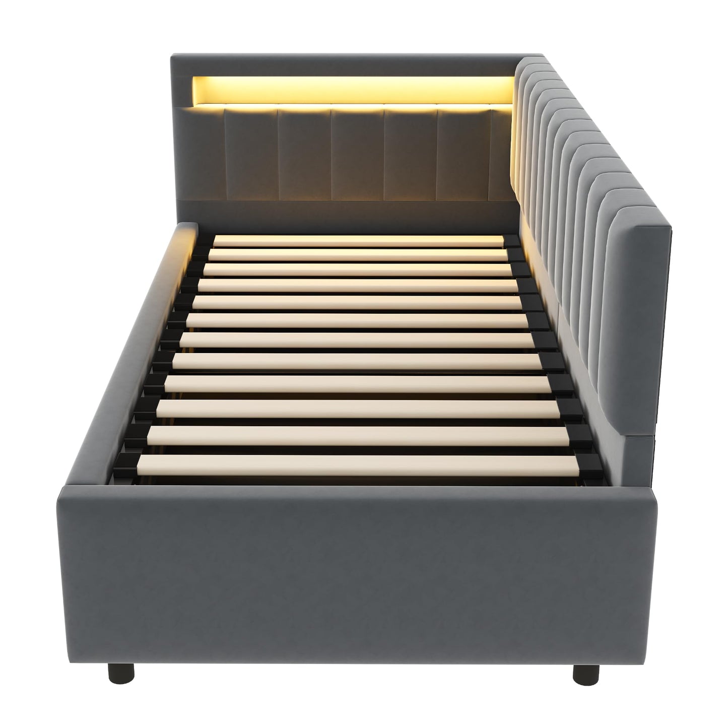 KEYIDE Upholstered Sofa Bed, 140 x 200 cm with LED Lighting and USB Charging, Bed Frame with Wooden Slatted Frame, Day Bed, Guest Bed, Youth Bed, Velvet Fabric, Without Mattress (Grey, 140 x 200)