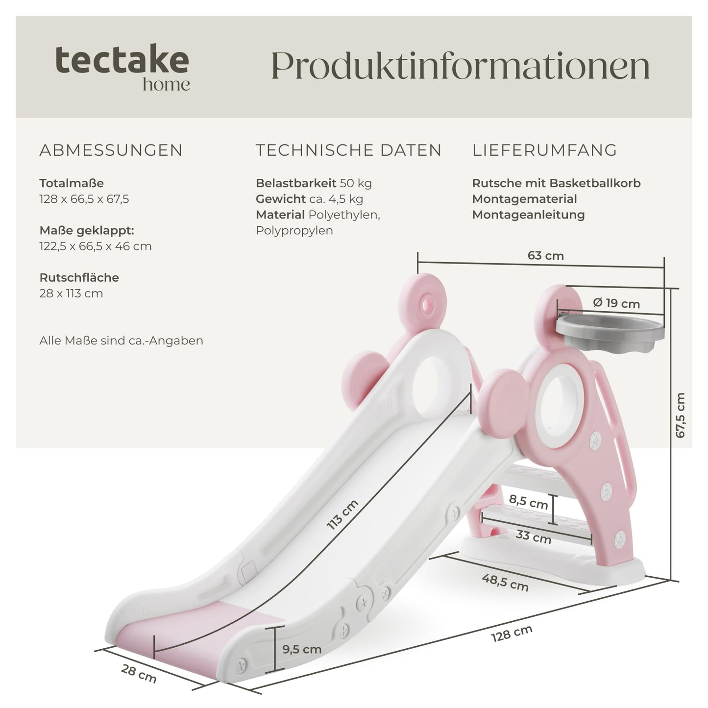 tectake® Rutsche mit Basketballkorb, Kinderrutsche, Baby Rutsche klappbar, für Kinder ab 2 Jahre, Spielgeräte zum Klettern und Bewegung Kinder Indoor und Outdoor Spielzeug, Indoor Spielplatz - pink