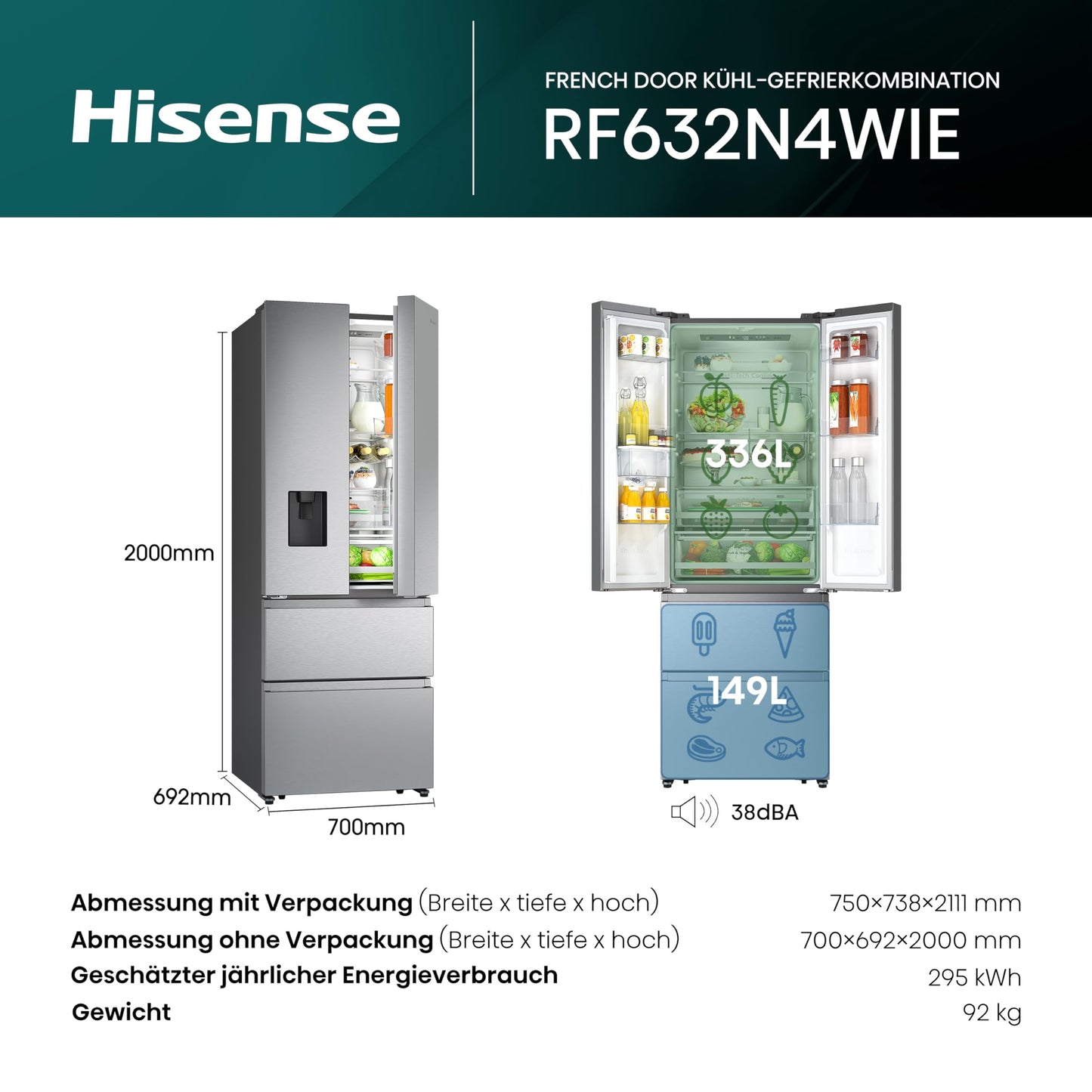 Hisense RF632N4WIE French Door Kühl-Gefrierkombination/ NoFrostPlus/ Inverter-Kompressor/ Wasserspender/ CrispZone/ 200 cm/ Kühlteil 336 l/ Gefrierteil 149 l/ 38 dB/ 295 kWh/ Jahr/ Inox-Look