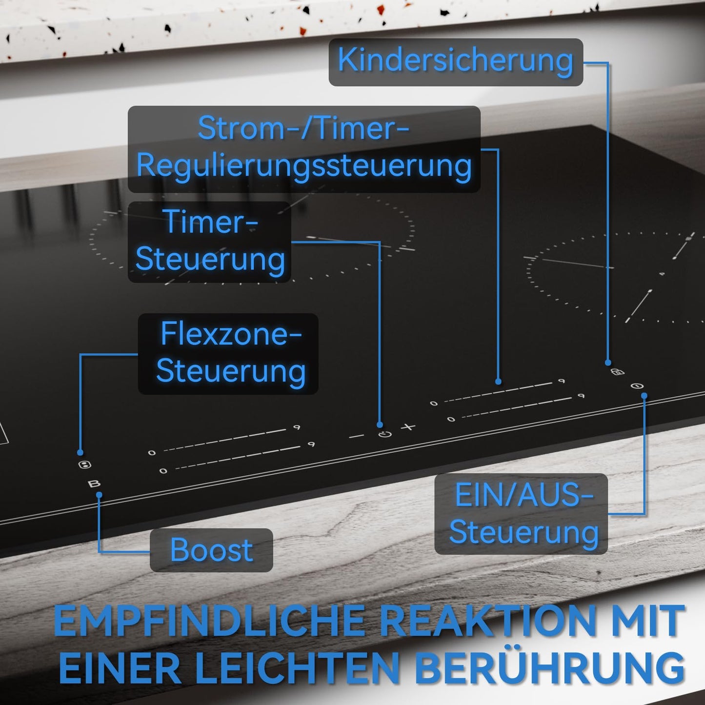 Hermitlux kochfeld 28,8cm, Glaskeramik Kochfeld 2 Platten, 9 Leistungsstufen, Touch-Steuerung, Timer, Kindersicherung, Geeignet für Alle Töpfe, 3300W