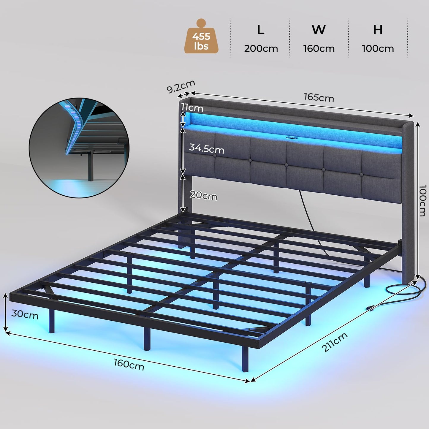 AOGLLATI Upholstered Bed 140 x 200 cm, Double Bed Frame, Bed Frame with LED Lighting and Charging Station, Bed Frame with Headboard, Bed Floating Bed Frame, Metal Bed, Linen, Dark Grey (without