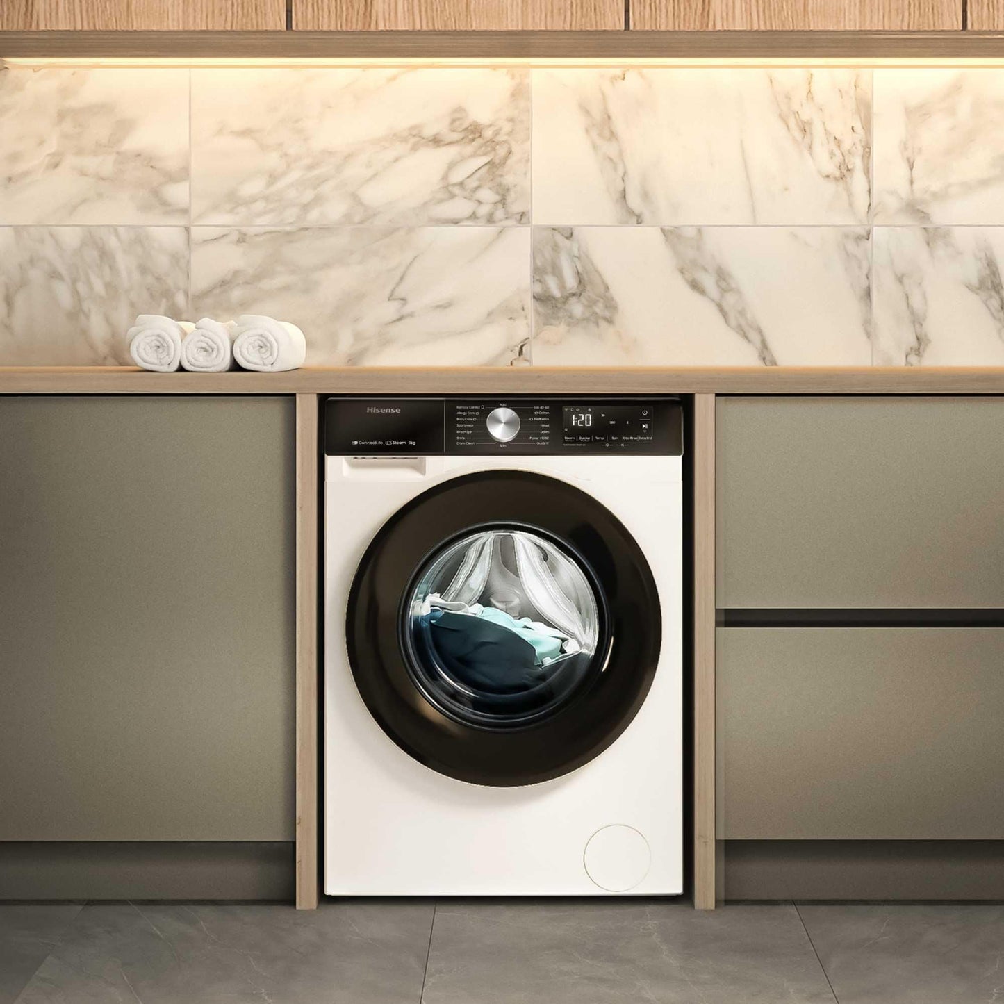Hisense WF3S8043BB3 Waschmachine mit Dampffunkunktion, 8 kg, 1400 U,min, WIFI, ConnectLife, Power JetWash, Anti-Allergie Programm, Aqua Stop, Auto Wash, Quick Wash, EEK A-30 Prozent