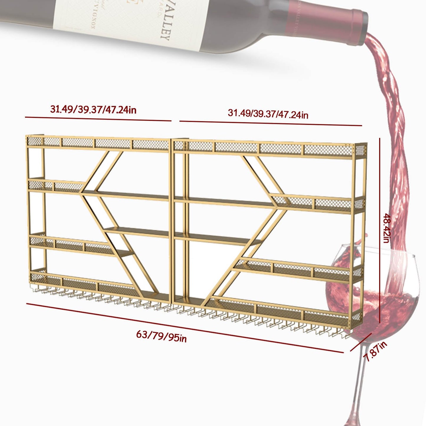 Weinregal aus Metall, großer Weinflaschenhalter aus Wandmontage mit 3 Ebenen, modernes, schwebendes Barregal in Rautenform,für die Dekoration von Restaurants und Bars zu Hause (schwarz, 200cm)