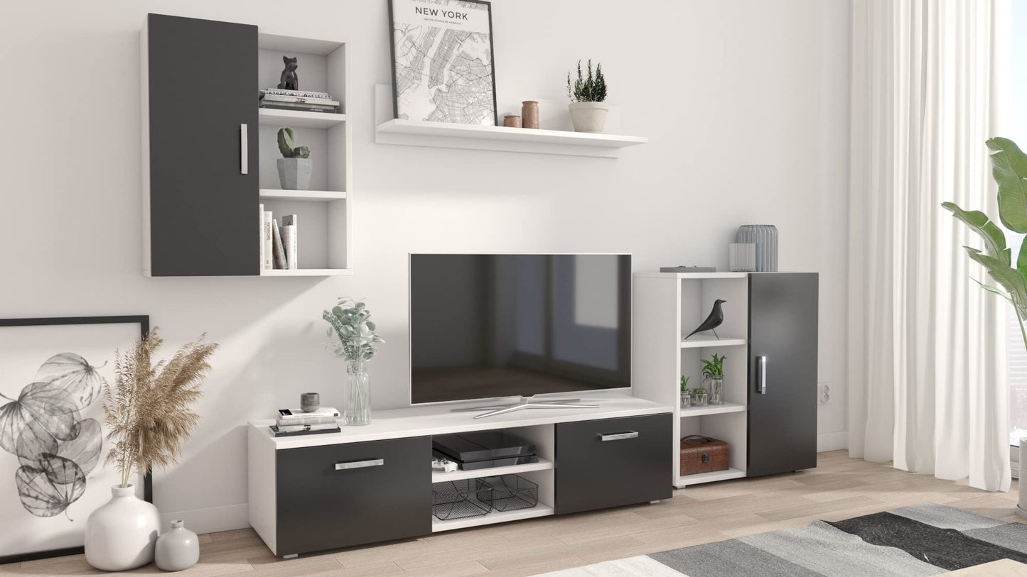 MATKAM Dedal Living Room Wall Unit Modern Living Room Cabinet with TV Table Complete Furniture (White)