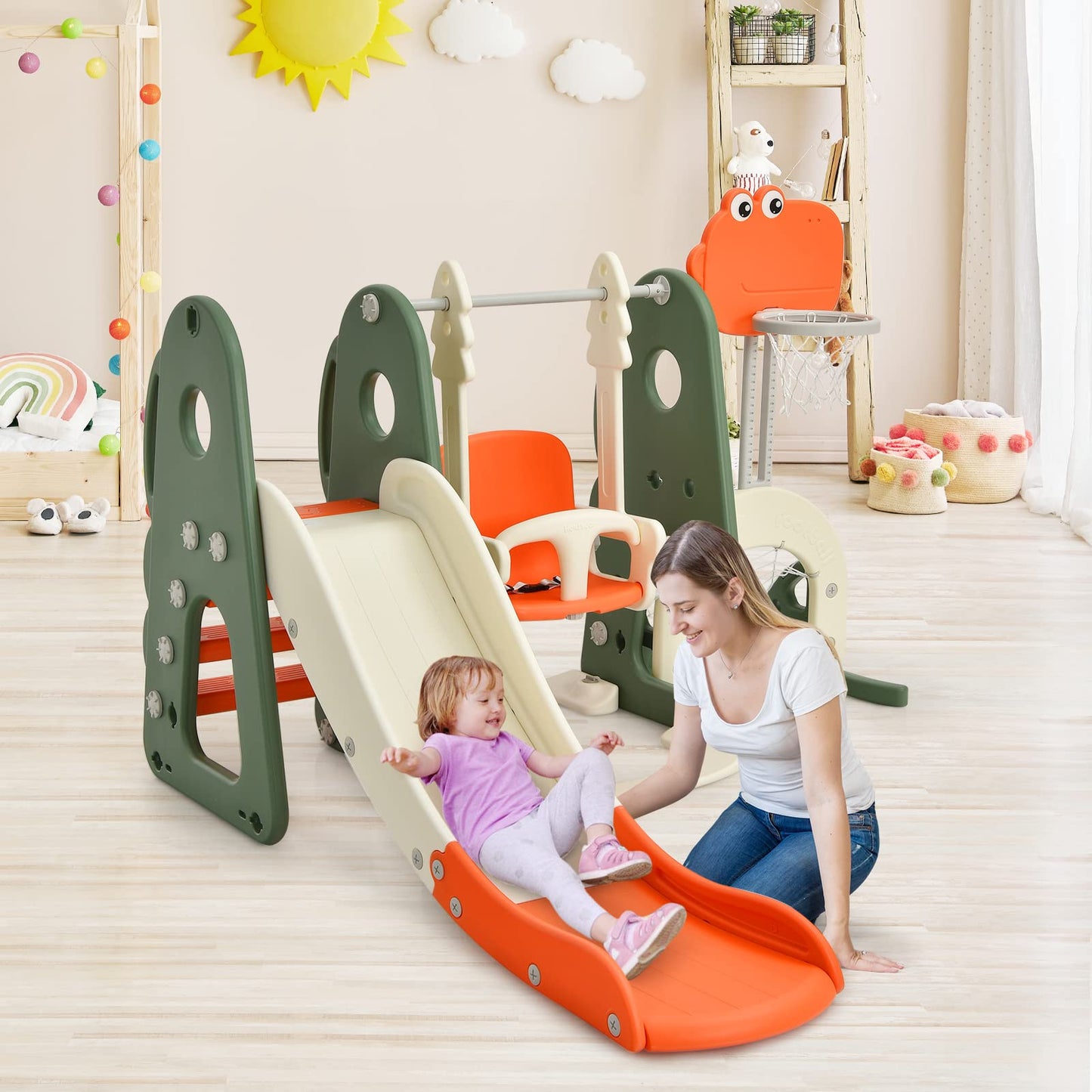 HOMASIS 6-in-1 Kinderrutsche mit Schaukel, Freistehende Rutsche & Schaukel & Basketballkorb & Kletterleiter & Fußballtor & Golfloch, Kinder Spielplatz für ab 3 Jahre Indoor & Outdoor (Orange+Grün)