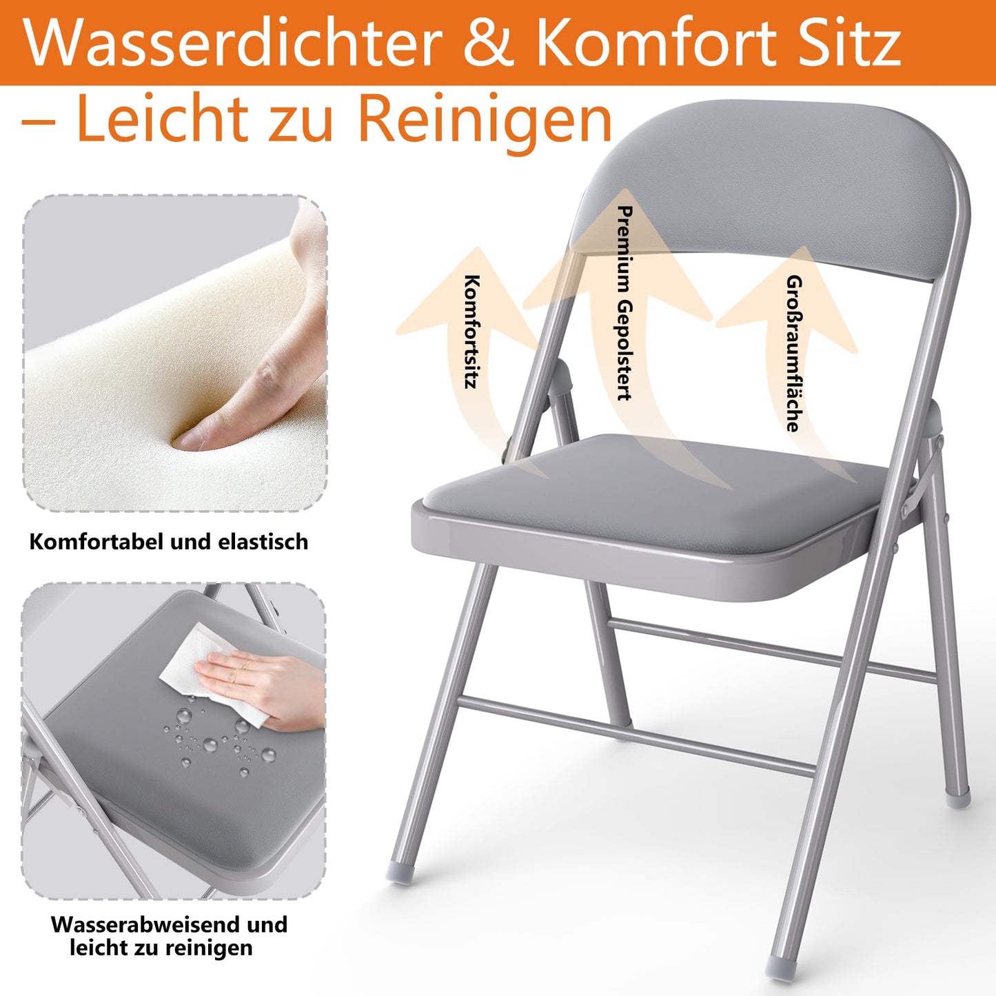 Asdsed Klappstuhl 4er Set, Klappstühle Gepolstert, Klappstuhl bis 158KG Gepolstert mit Starker Stahlrahmen, Faltbarer Klappstühle Platzsparender Schreibtischstuhl für Haus Büro Garten Balkon Party