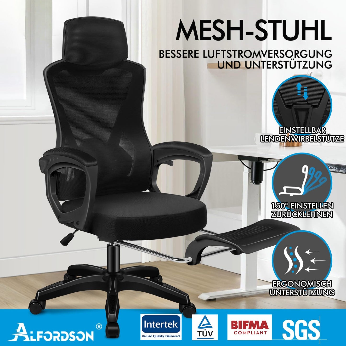 ALFORDSON Bürostuhl, Lendenstütze, Atmungsaktives Netz und Stoff, Hochklappbare/Verstellbare Armlehnen, Hochwertiger Schaumstoff, 180kg für Zuhause & Gaming, Wale, Schwarz