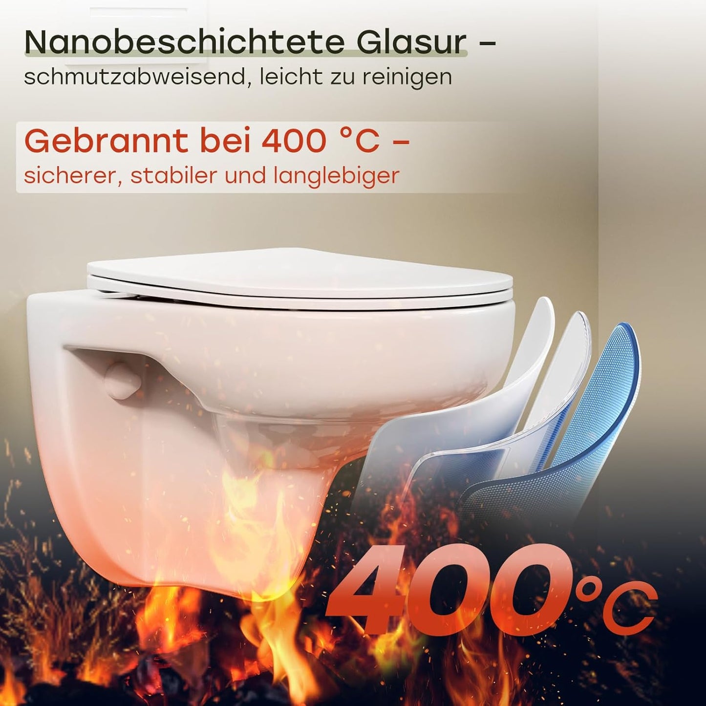 HOROW Wall-Mounted Toilet, Rimless, Toilet Including Toilet Lid with Soft-Close Mechanism, Powerful Flush Washdown Toilets, Toilet Bowl with Nano Coated Glaze, 52.5 x 36 x 36.5 cm