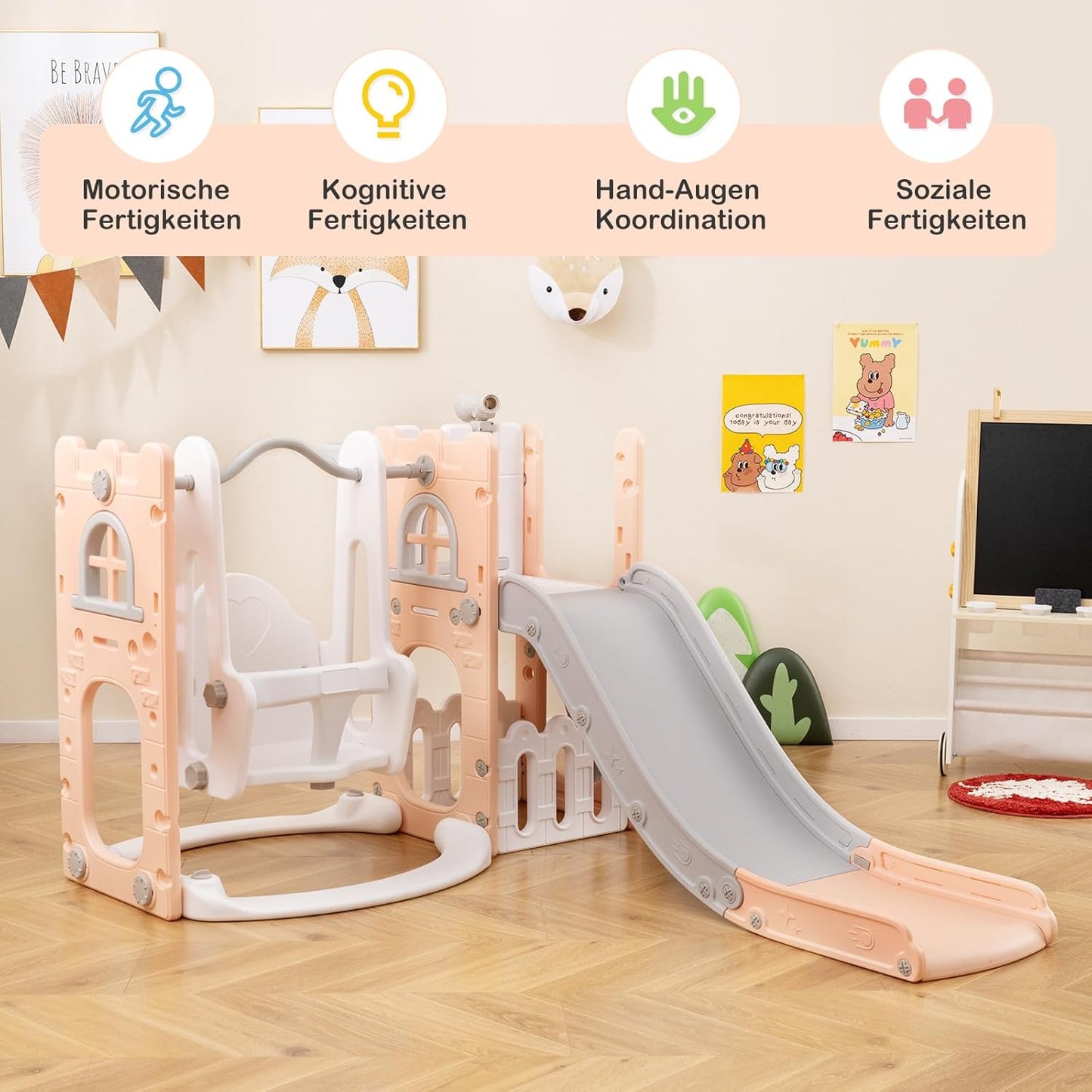 GOPLUS 7 in 1 Kinderrutsche, Kinderrutsche und Kletterspielset mit Leiter, Basketballkorb, Schaukel, Teleskop, Stauraum & rutschfeste Pedale, Indoor Spielplatz für Kinder von 1-3 Jahren (Gelb+Grün)