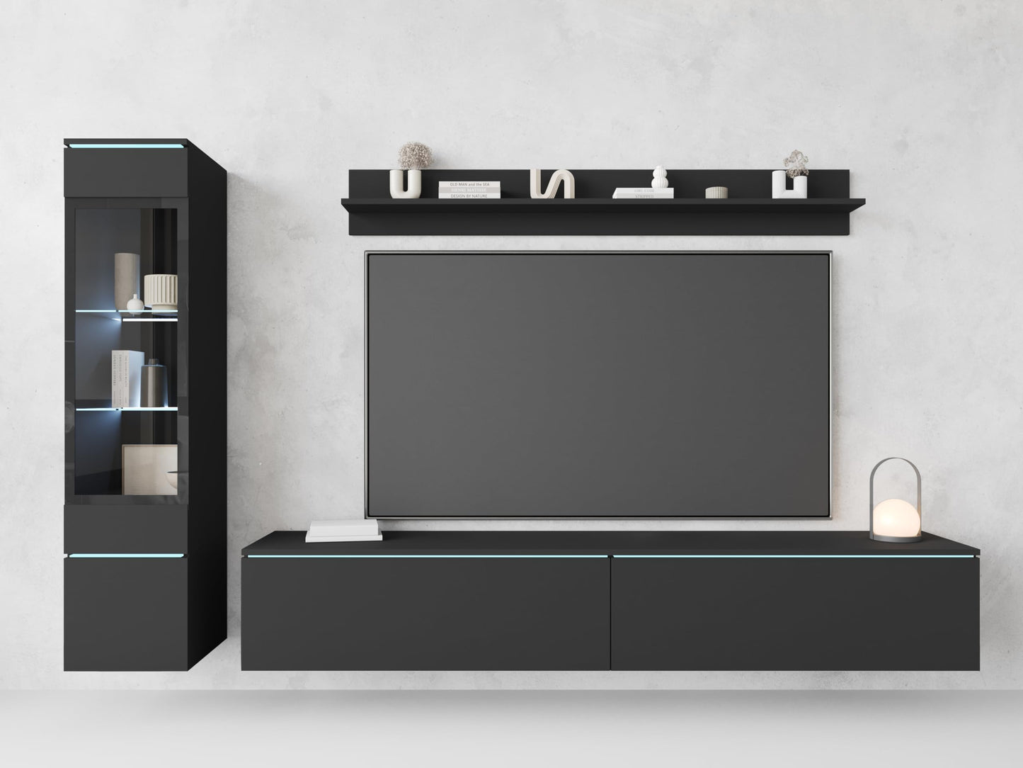 MINIO go for it Veve 2, 4-Piece Wall Unit Set, Hanging or Standing, 2 x Tall Cabinet Display Cabinets, Lowboard, Wall Board, Laminated Clamping Plate, Wotan Oak and Black Gloss, without Lighting