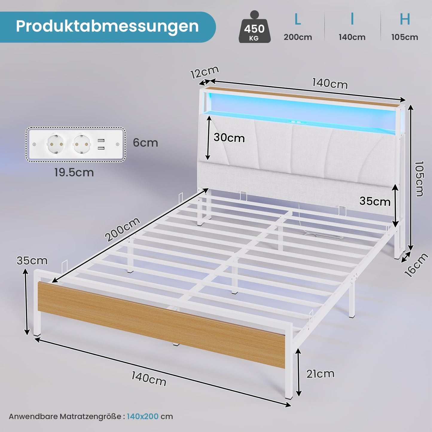 Brinlawb Bed 140 x 200 cm with Metal Slatted Frame, Bed Frame 140 x 200 cm with LED Lighting, Metal Bed 140 x 200 cm with Headboard and Charging Station (2 AC Sockets, 2 USB Ports), Youth Bed, Double