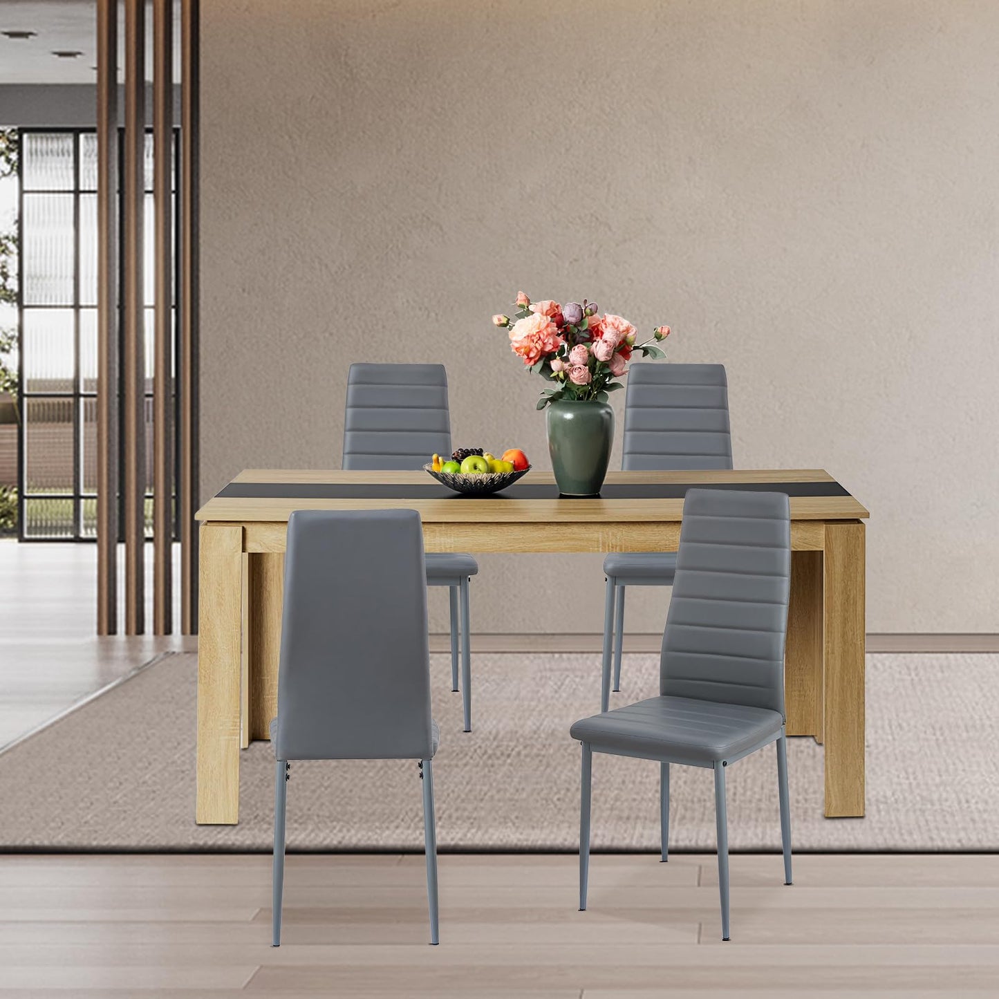 FURNITABLE Esstisch mit 6 Stühlen Esszimmergruppe, Essgruppe mit Hochlehner Kunstleder Stuhl für 6 Personen, Sitzgruppe für Küche Wohnzimmer(160cm Eiche-Weiß Tischbein Tisch+6 Schwarz Stühle)