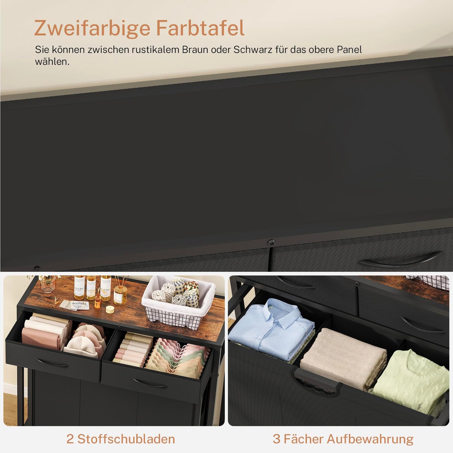 FIONESO Laundry Basket 3 Compartments, 120 L Laundry Hamper with 2 Drawers, Laundry Basket with Wheels & Two-Tone Top Plate, Laundry Trolley for Laundry Room, Bathroom, Entrance Area - 80 x 32 x 76.5