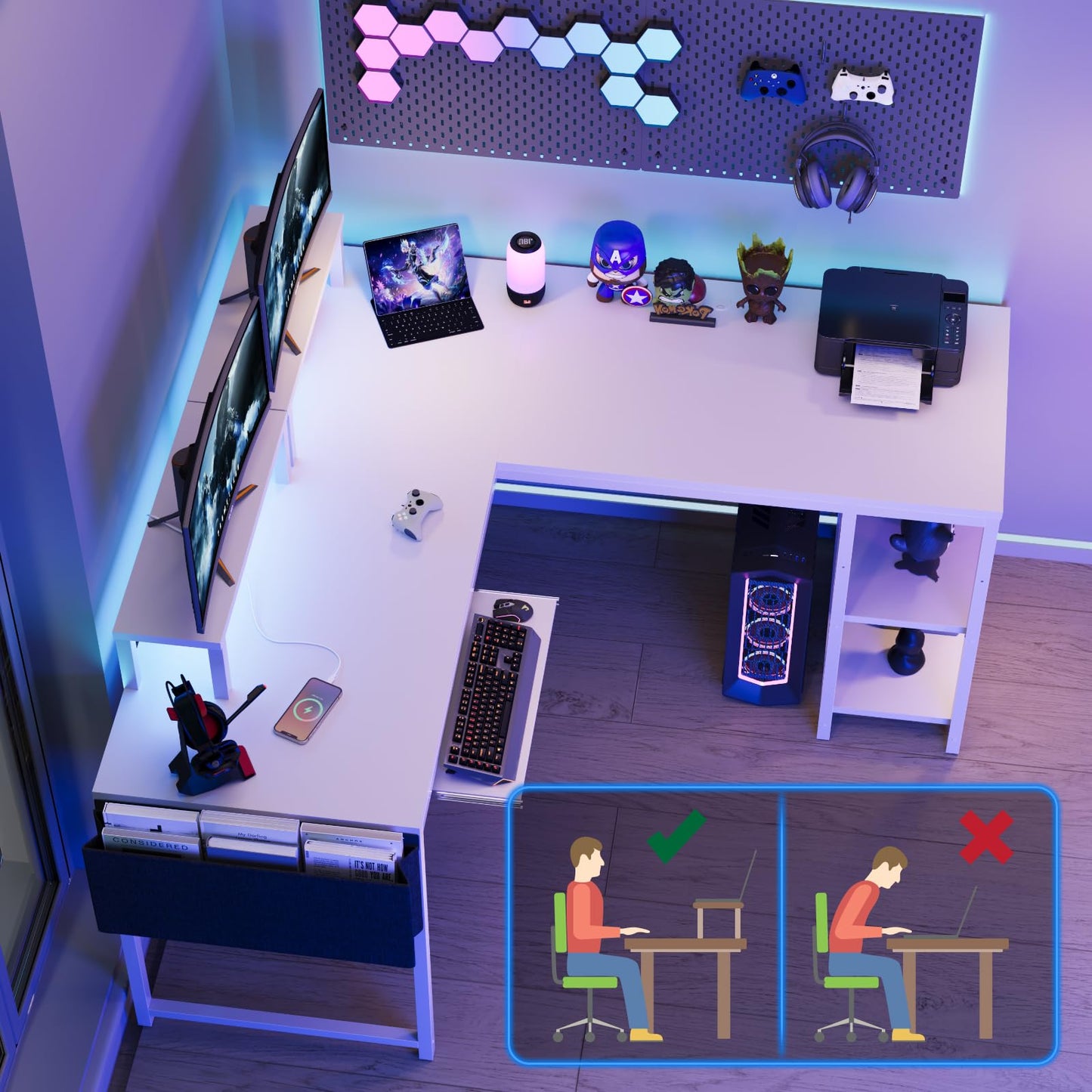Flamaker Gaming Tisch l Form 140x140 cm - Eckschreibtisch mit RGB LED, Monitorständer & Ablagefach | 2 Steckdosen + 2 USB-Anschlüsse (Weiß)