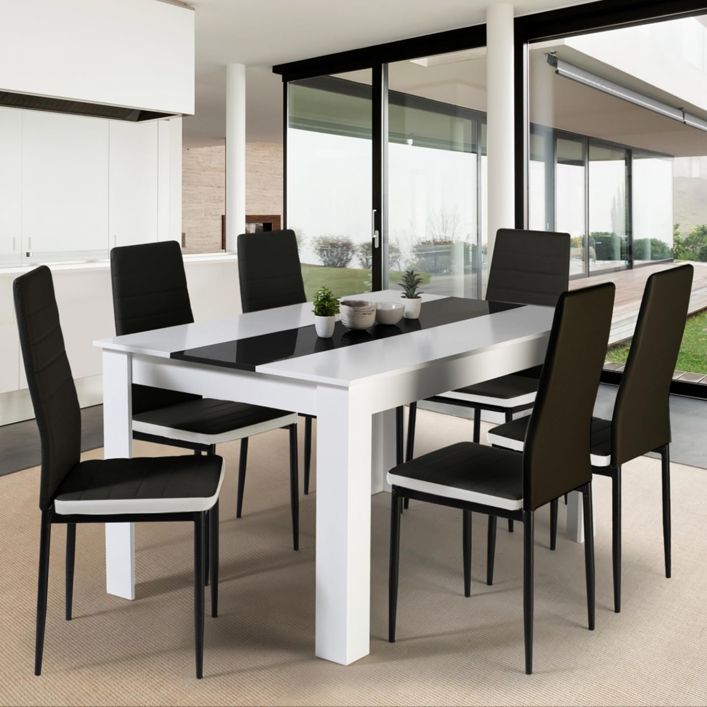 IDMarket - Georgia 140cm Black & White Dining Set with 6 Black Roman Chairs with White Trim