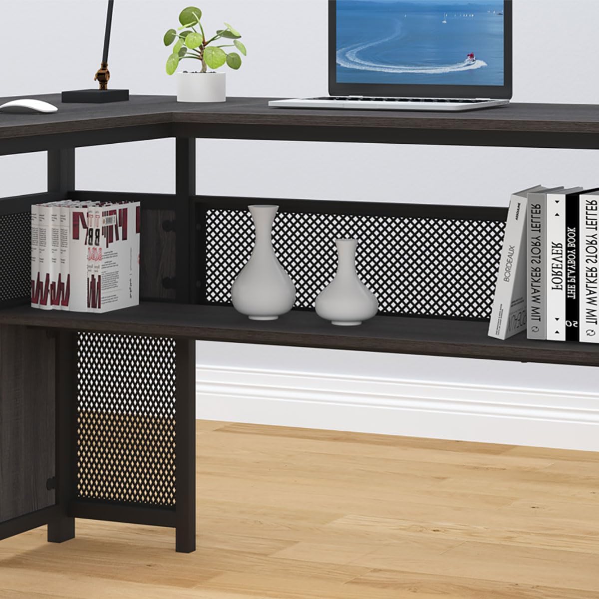 HSH - Black L Shape Corner Desk with Filing Drawers and Shelves, Reversible Corner Desk Made of Metal and Wood with Storage Cabinets