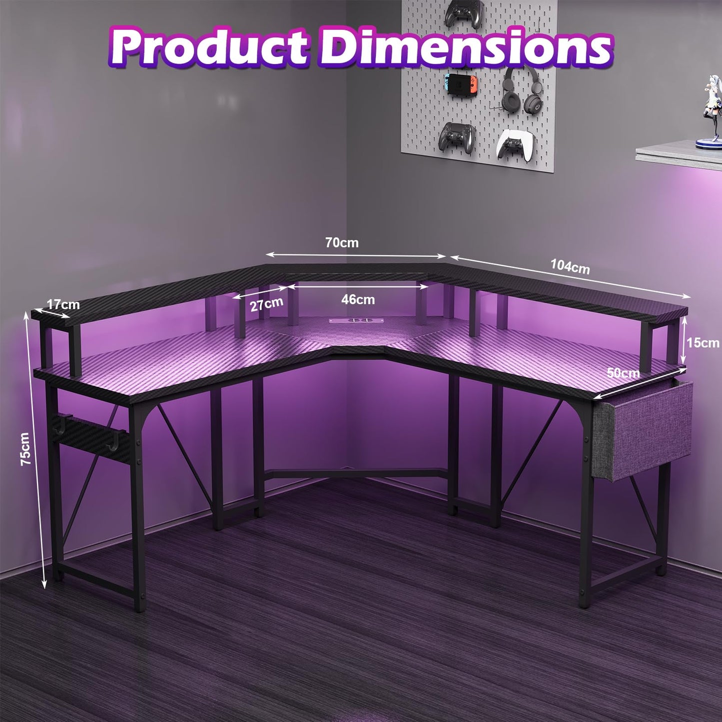 Devoko 153x153 cm Gaming Schreibtisch mit LED, groß Gaming Tisch L Form mit 2 Steckdosen und 2 USB Ladeanschluss, Eckschreibtisch PC Tisch mit großzügiger Monitorablage, Kohleschwarz