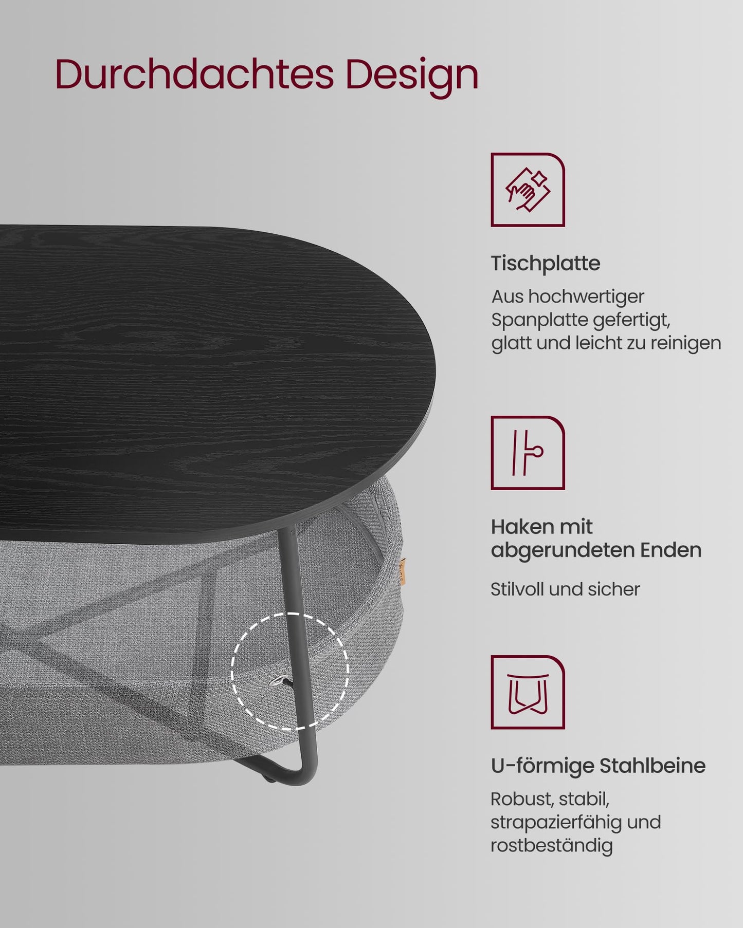 VASAGLE LCT244W10 Round Coffee Table with Storage Space Side Table Living Room Table with Fabric Basket Modern Metal Frame Matt White Camel Brown