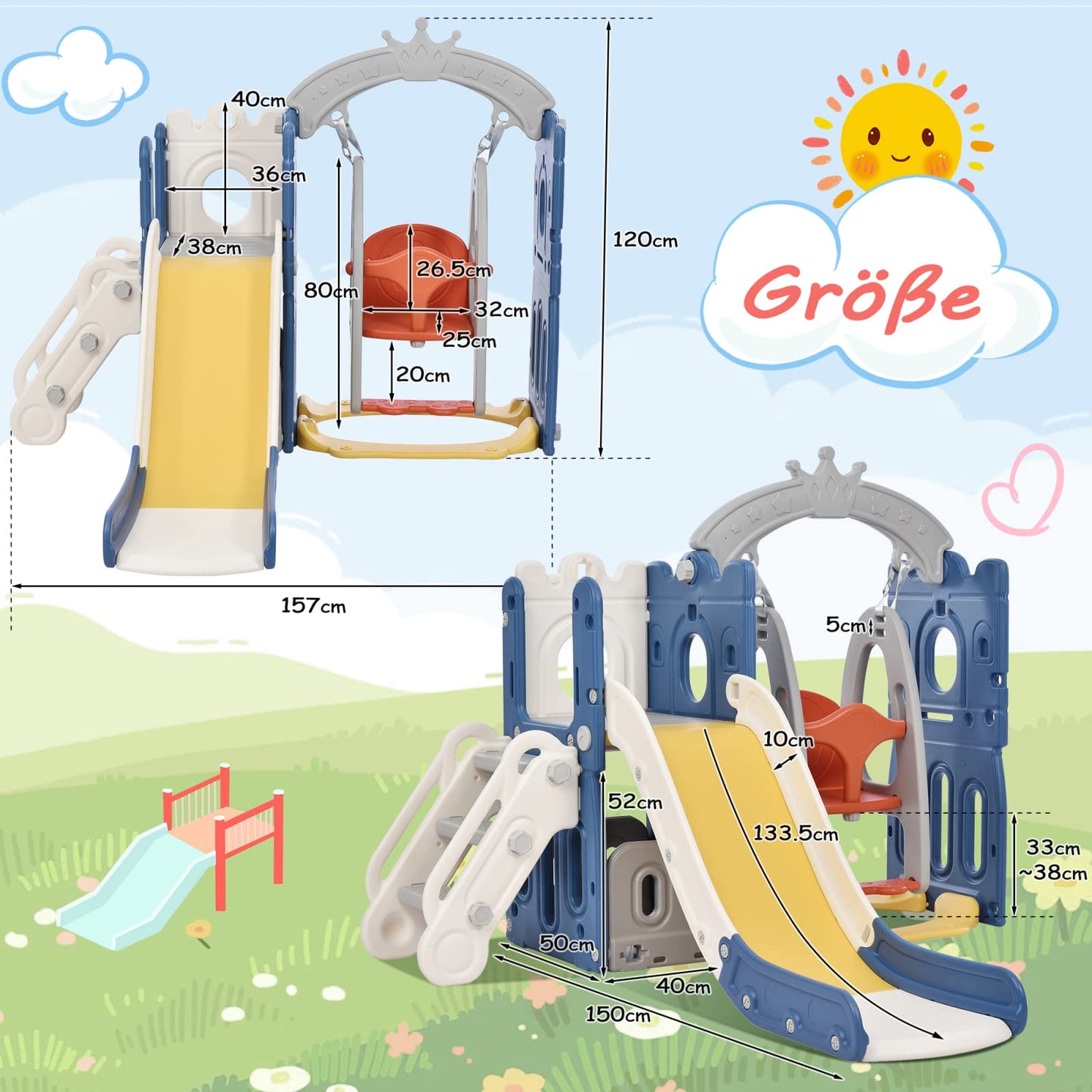 BestAlice 4 in 1 Kinderrutsche Set für Outdoor und Innen, Spielplatz mit Schaukel, Basketballkorb, Kletterleiter, Indoor- und Outdoor-Spielset, 18 Monate + (Blau)