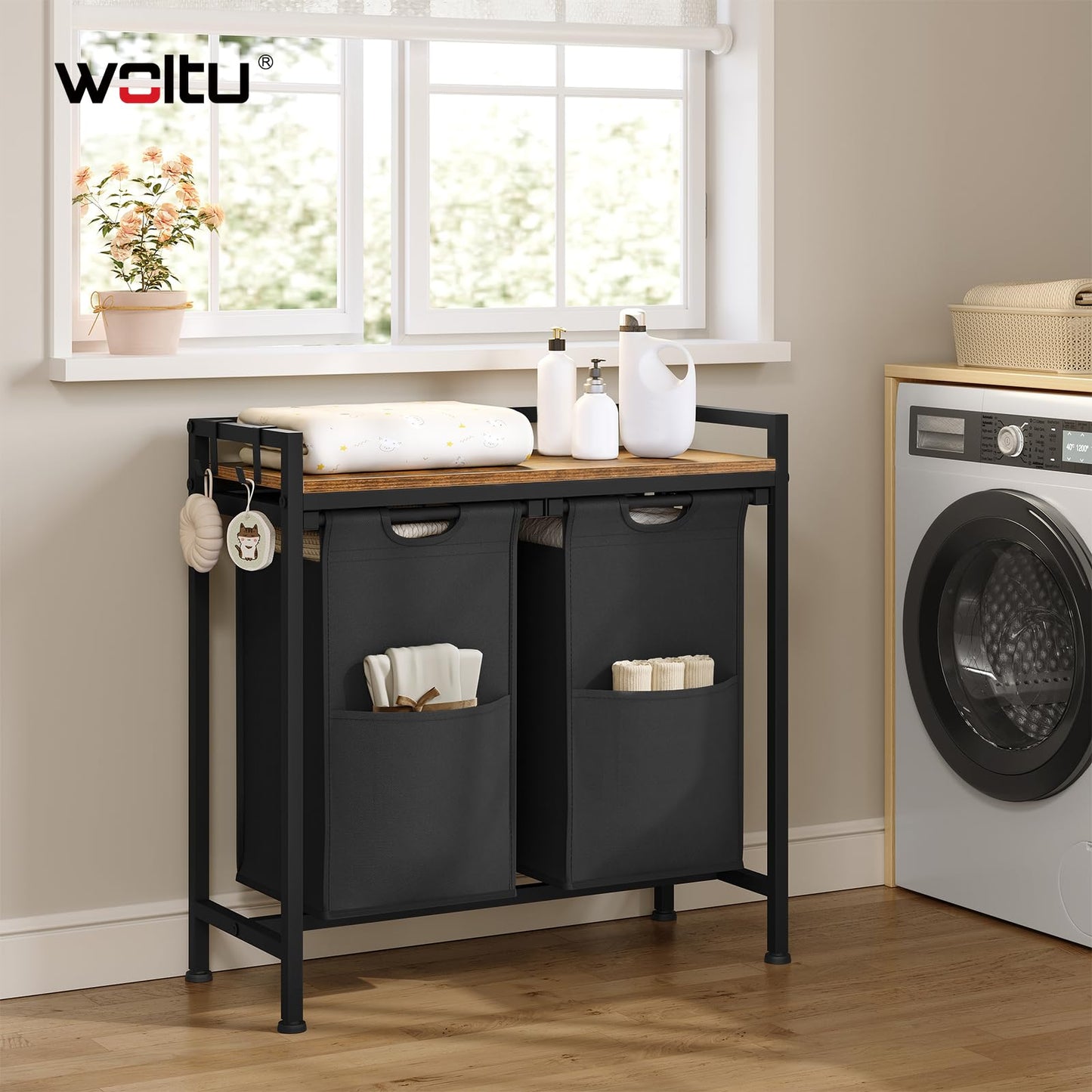 WOLTU Laundry Basket, 3 Compartments, Each 40 L, Laundry Hamper with Shelf Metal Frame, Oxford Fabric Laundry Bag, Extendable, Removable, Laundry Sorter, Laundry Container, White