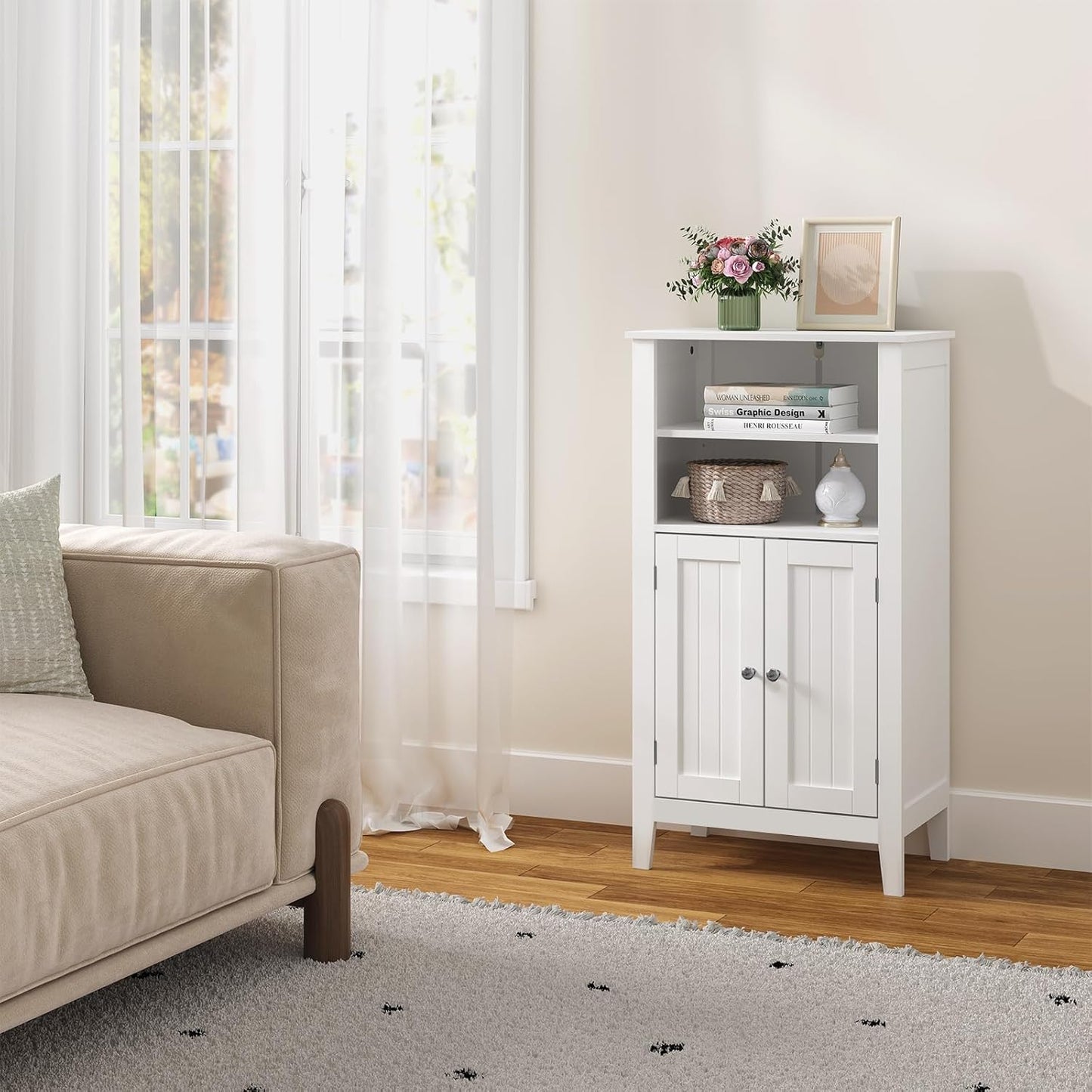 EUGAD Bathroom Cabinet, Kitchen Cabinet, Side Cabinet, Chest of Drawers in Bedroom, Hallway, Made of MDF with Adjustable Shelf, White, 92.5 x 30 x 50 cm