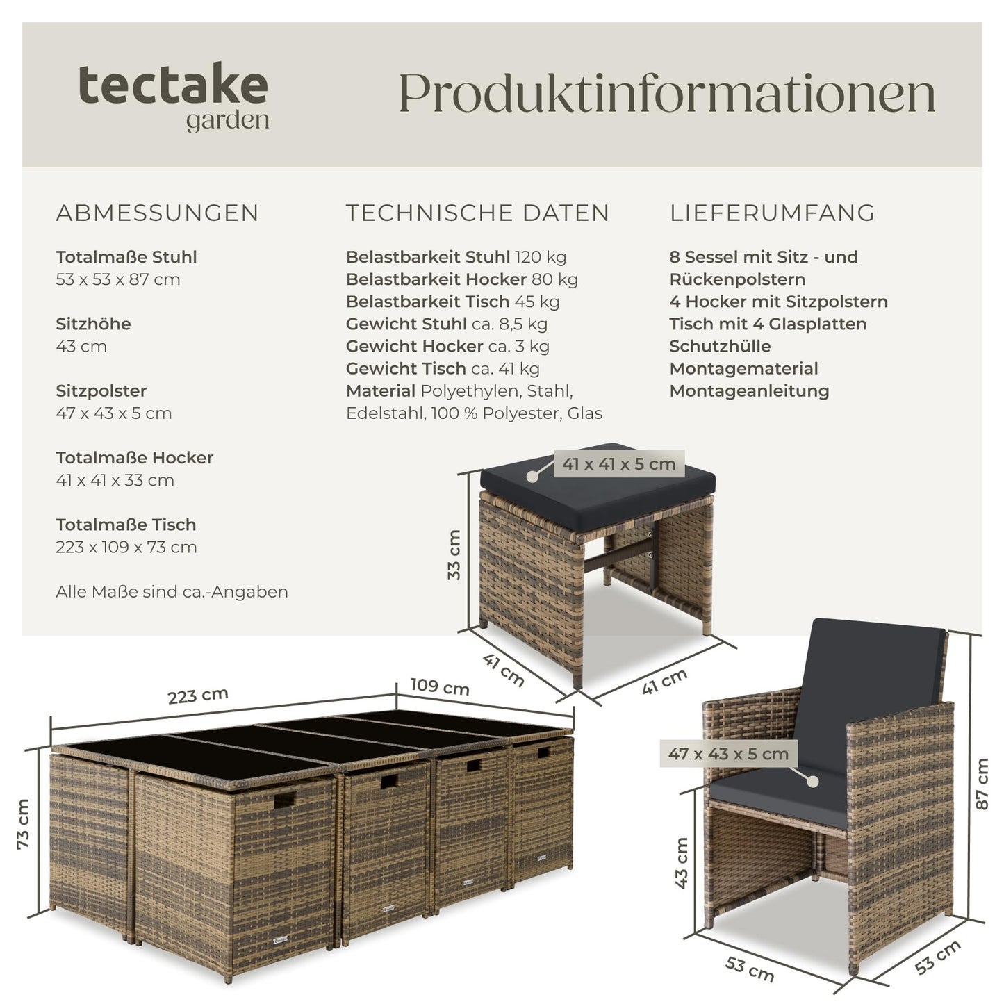tectake Gartenlounge Set, Polyrattan Gartenmöbel Set, 8+4+1 Sitzgruppe, 8 Stühle 4 Hocker 1 Tisch, Balkon Möbel als Würfel verstaubar, für Garten, Balkon, Terrasse - grau/hellgrau