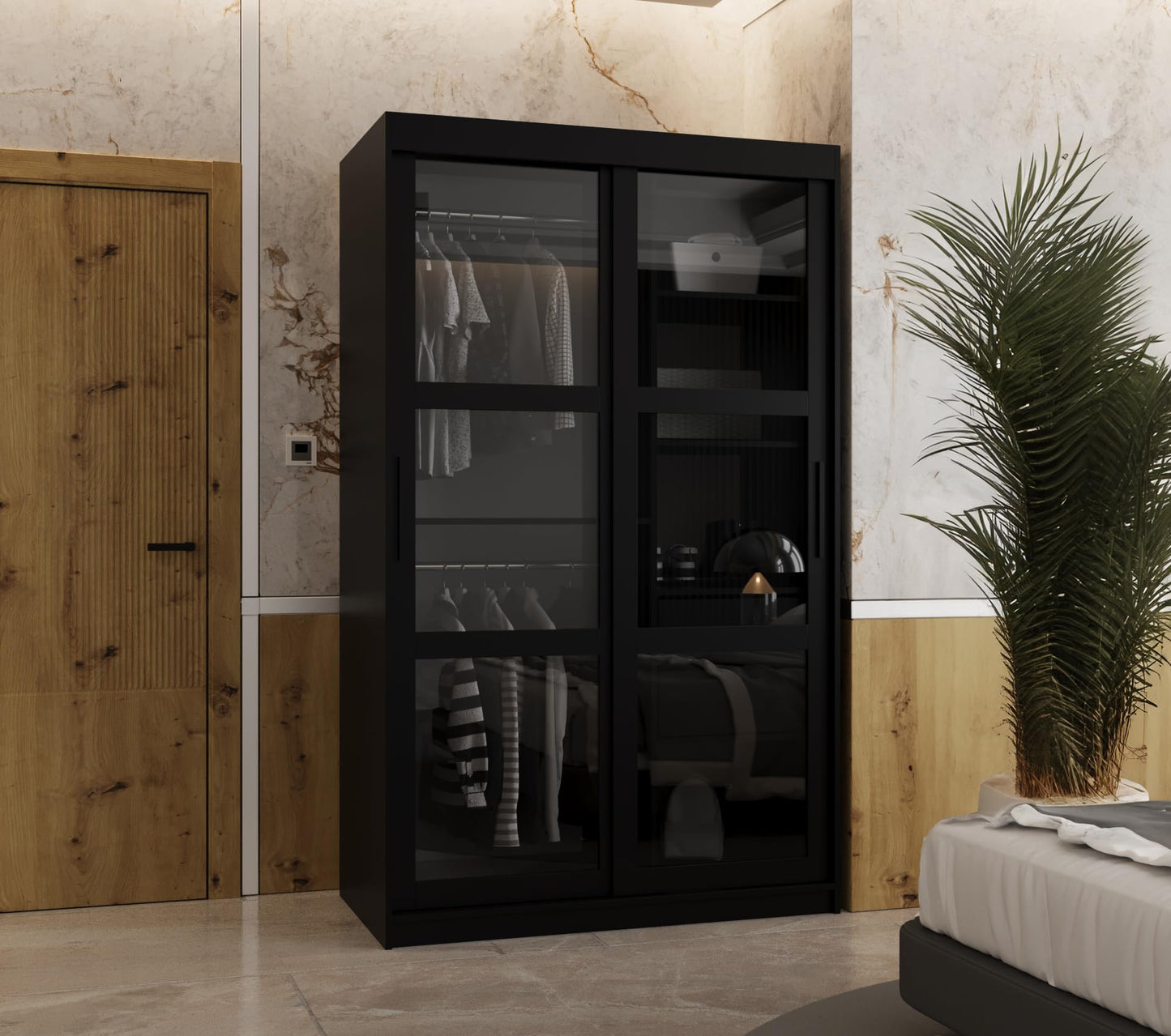 MEBLE KRYSPOL Dome 2 Schrank mit DREI Schiebetüren mit Spiegel, Stangen und Regalen - Aufbewahrungsschrank mit Rauchglas für Schlafzimmer, Wohnzimmer - 200x250x62cm - Schwarz, Schwarz, Schwarz
