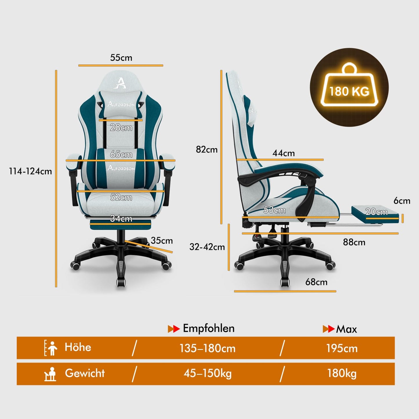 ALFORDSON Gaming-Stuhl mit Massage-Lendenwirbelkissen, ergonomischer Gamer-Racer-Stuhl mit Verstellbarer Rückenlehne, Drehstuhl mit Fußstütze, höhenverstellbar, Schwarz
