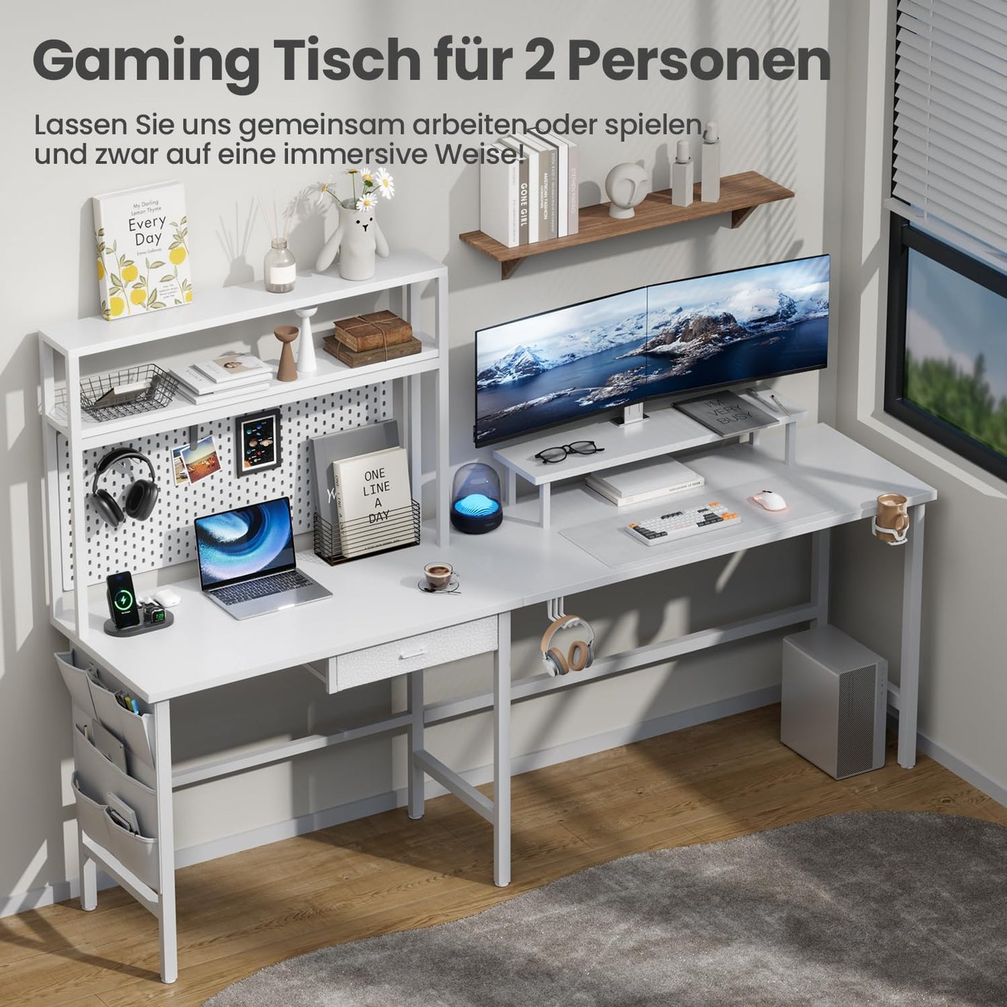 HLONONE Gaming Table with LED, 150 x 100 cm Gaming Desk, L Shape with 3 Sockets and 2 USB, Reversible Corner Desk, PC Corner Table, Computer Desk with Monitor Stand and Countertop Shelf, Black