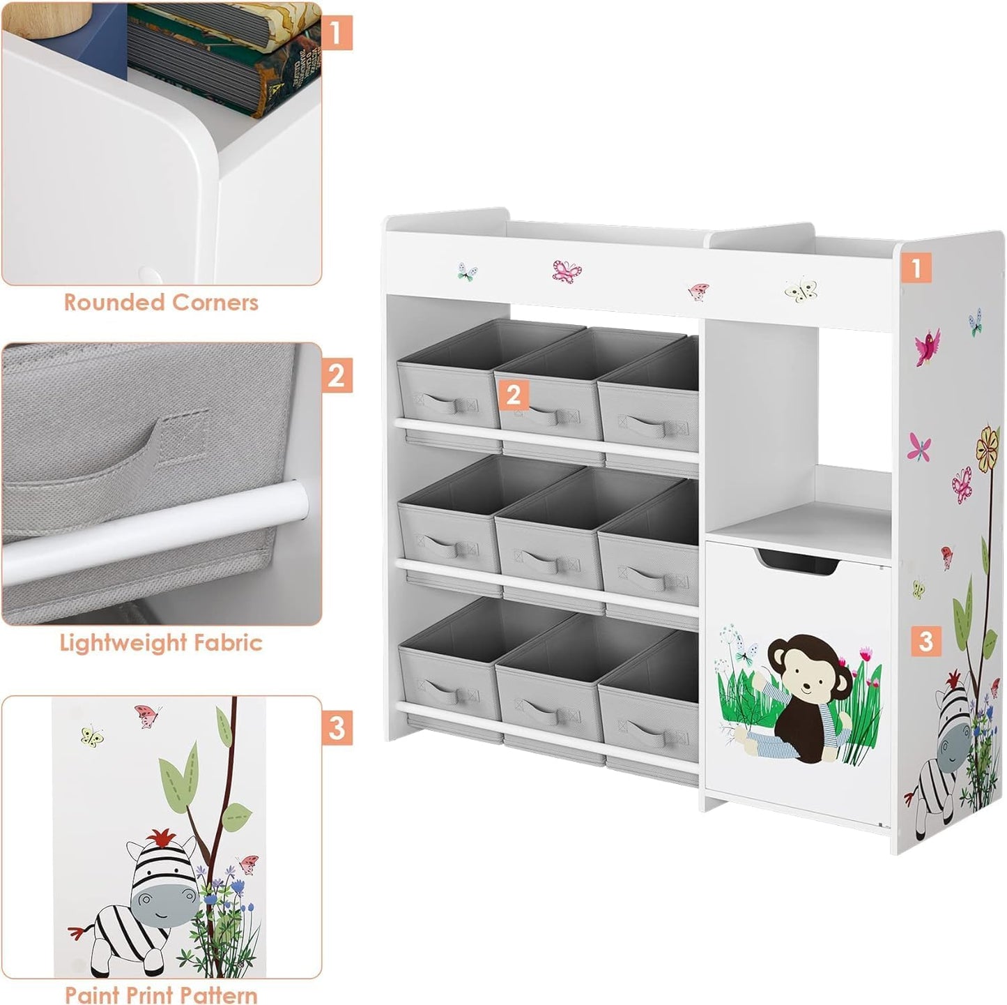 HOCSOK Spielzeugregal 2 Set, Kinderregal mit 4 Aufbewahrungsboxen, Bücherregal Kinder mit 9 Stoffschublade, Spielzeug-Organizer für Kinderzimmer, Schlafzimmer, Kindergarten