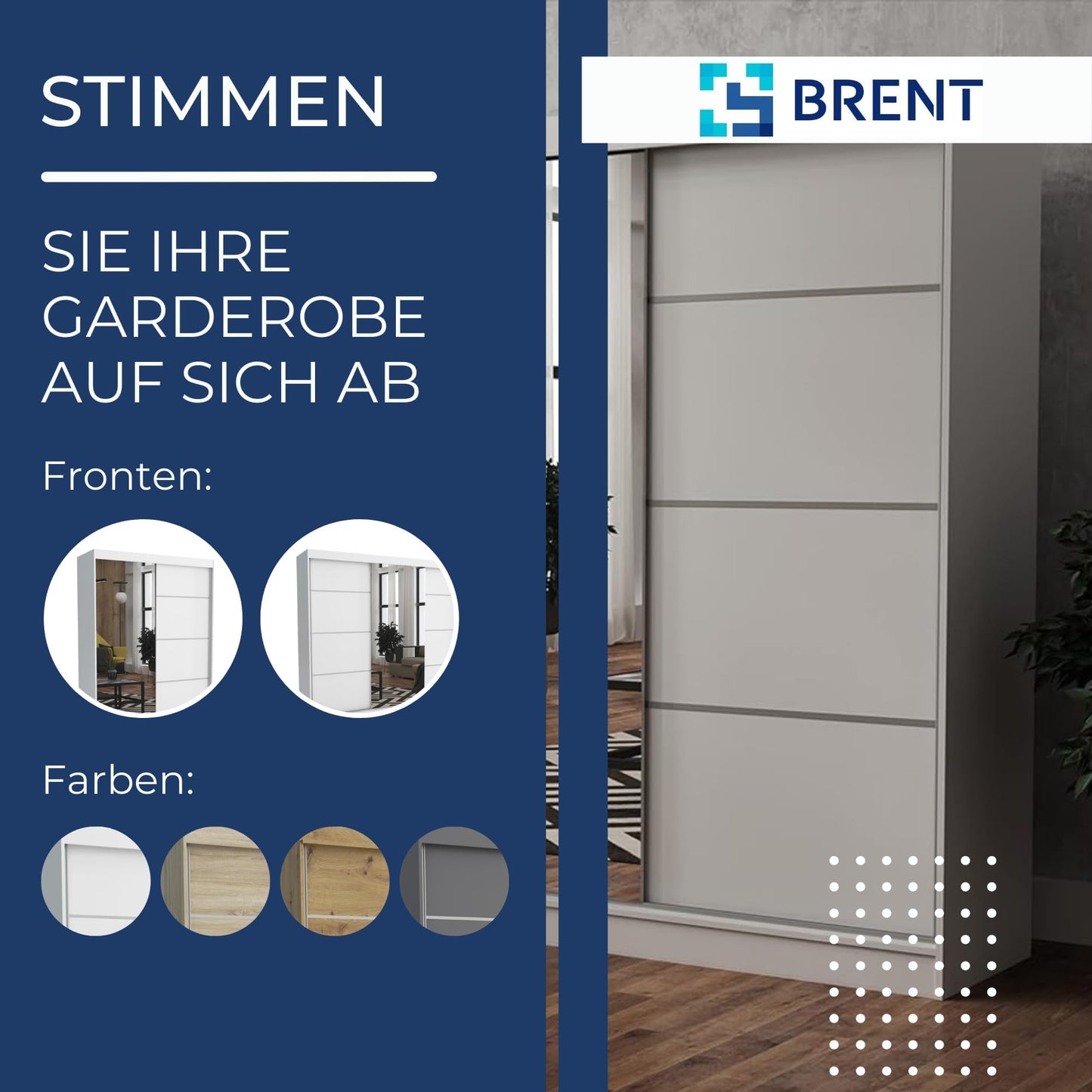 Brent - Tom Wardrobe with Mirror, 160 cm Wide, Bedroom Wardrobe with 1 Clothes Rail and Shelves for Clothes, Wardrobe Grey