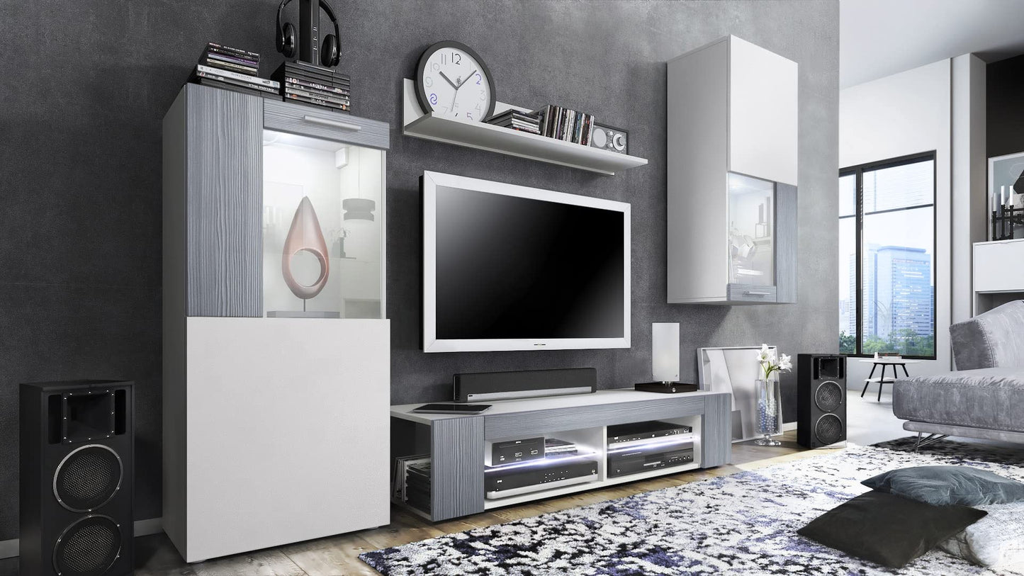 Vladon Wohnwand Movie, Anbauwand bestehend aus 1 TV-Board, 2 Vitrinen und 1 Regal, Weiß matt/Weiß matt/Weiß Hochglanz (Gesamt: 300 x 190 x 39 cm)