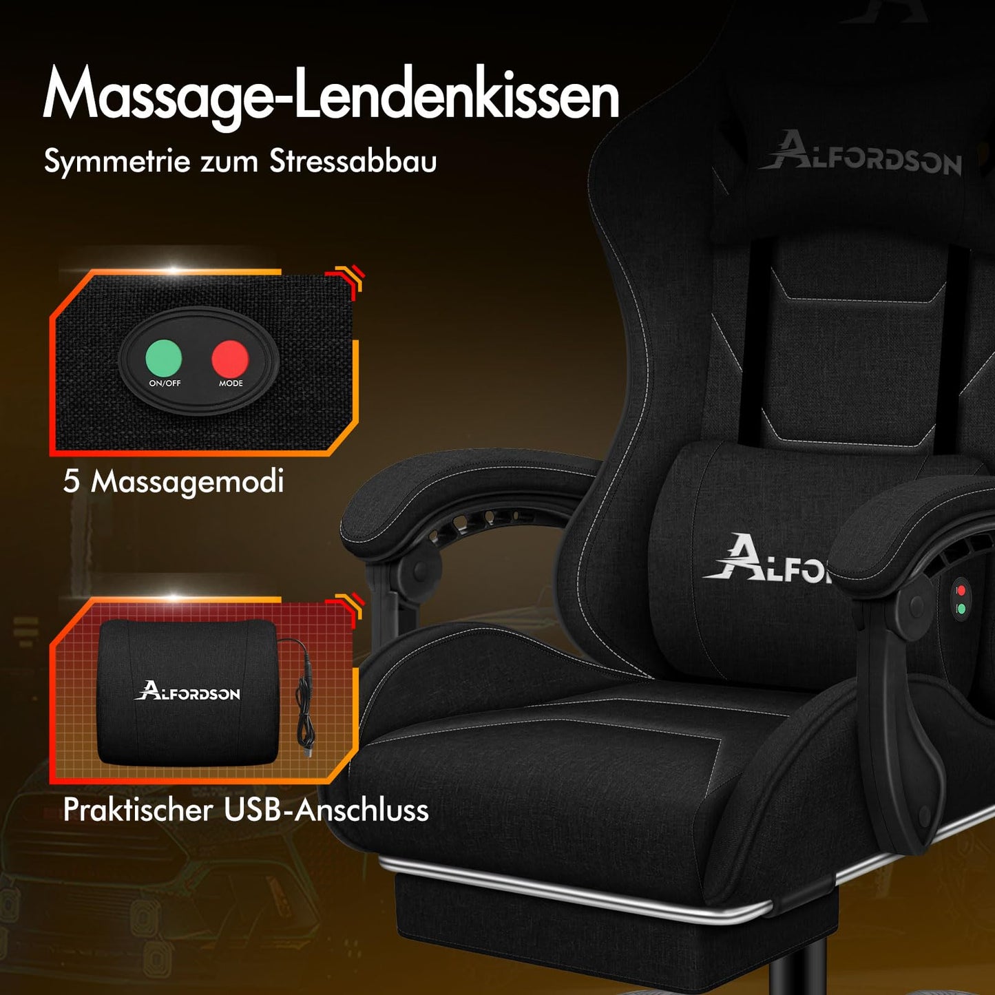 ALFORDSON Gaming-Stuhl mit Massage-Lendenwirbelkissen, ergonomischer Gamer-Racer-Stuhl mit Verstellbarer Rückenlehne, Drehstuhl mit Fußstütze, höhenverstellbar, Schwarz