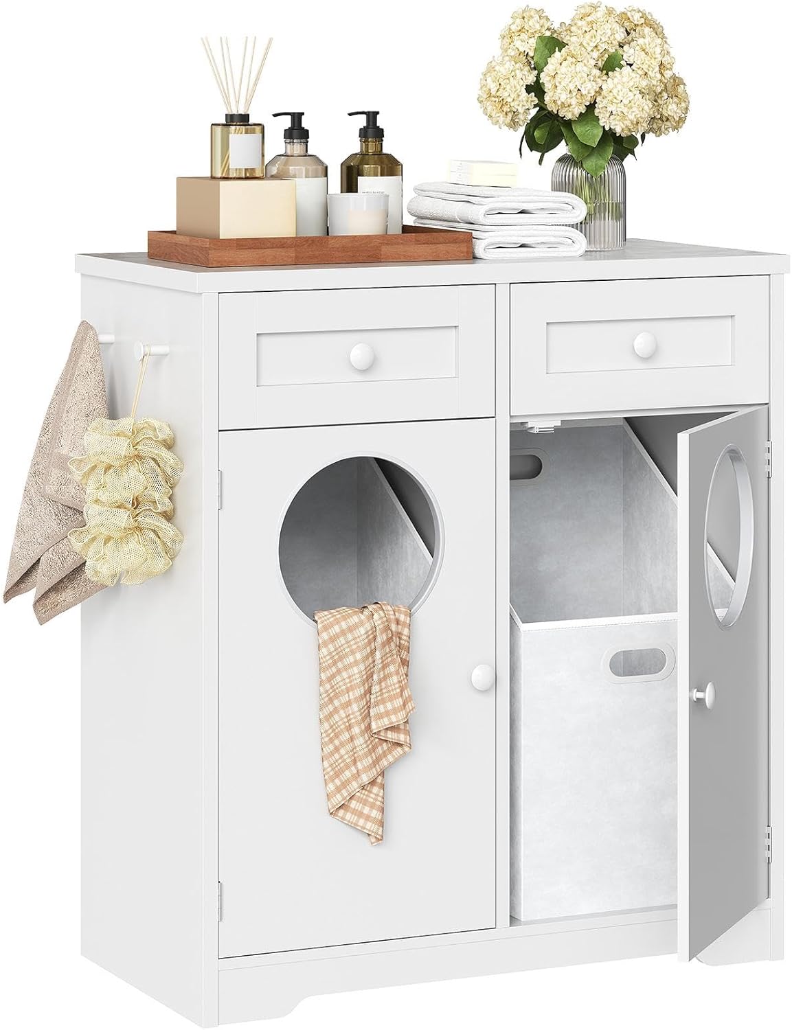 HOOBRO Bathroom Cabinet with Laundry Basket, Bathroom Cabinet with 2 x 37L Laundry Baskets, Freestanding Laundry Cabinet with 2 Drawers and 4 Hooks, for Bathroom, Laundry Room, White EWT36XY01