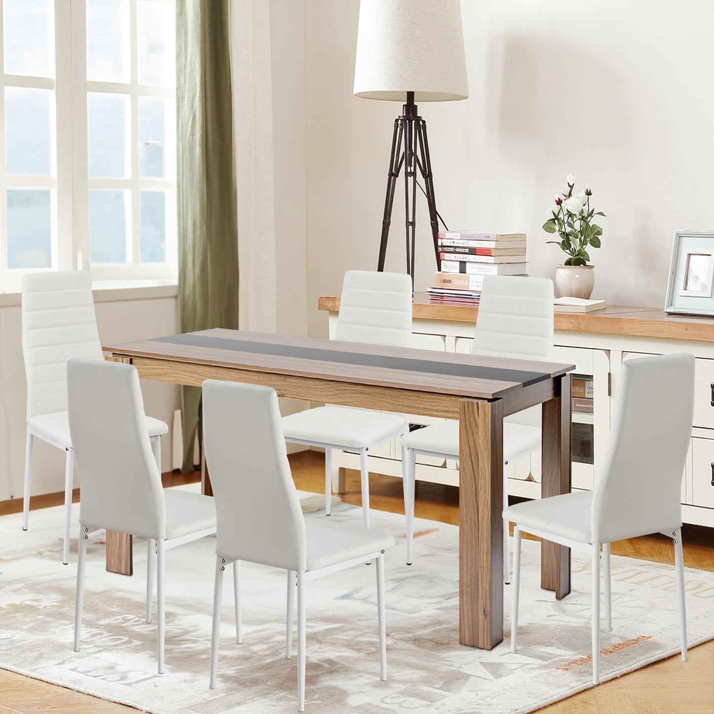 FURNITABLE Esstisch mit 6 Stühlen Esszimmergruppe, Essgruppe mit Hochlehner Kunstleder Stuhl für 6 Personen, Sitzgruppe für Küche Wohnzimmer(160cm Eiche-Weiß Tischbein Tisch+6 Schwarz Stühle)