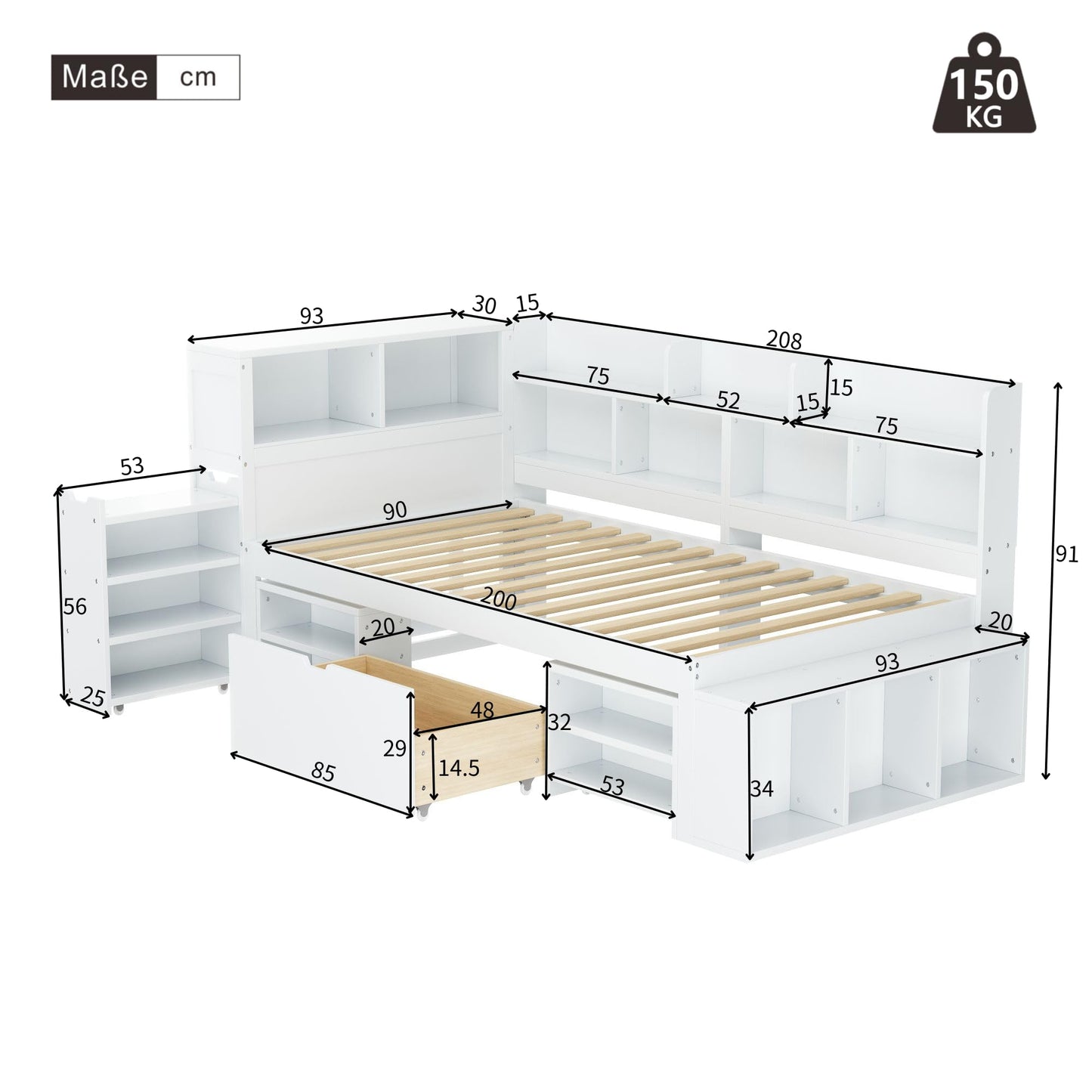 xixiworkshop Kinderbett 90x200cm Ausziehbett Bett mit Stauraum und USB-Steckdose/Mehreren Ablagefächern multifunktionales Jugendbett/Gästebett/Doppelbett mit Stauschrank Lattenrost,Ohne Matratze,Grau