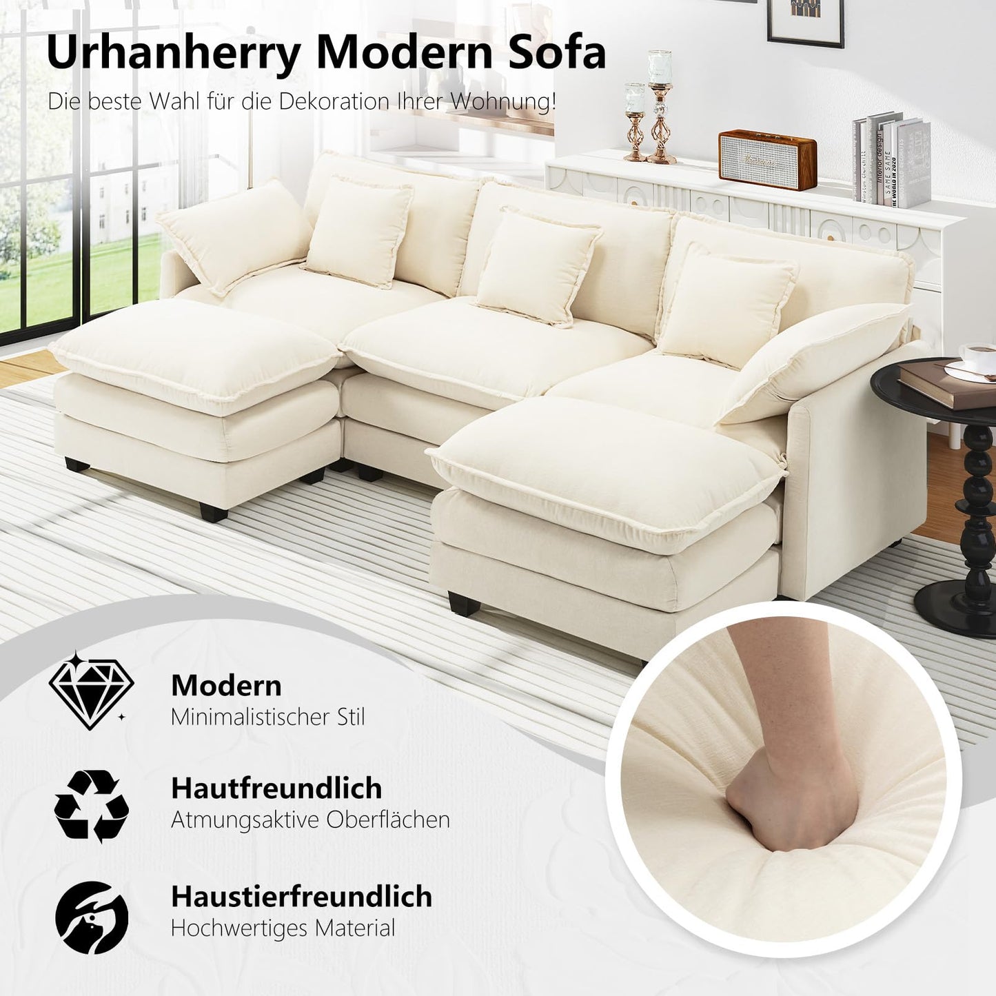 Urhanherry U-Shape Cloud Sofa, Modular Sectional Sofa, 6-Seater with 2 Ottomans, Modern Sofa with Decorative Cushions/Armrests, Breathable Chenille Fabric, U Sofa Couch for Living Room, Beige