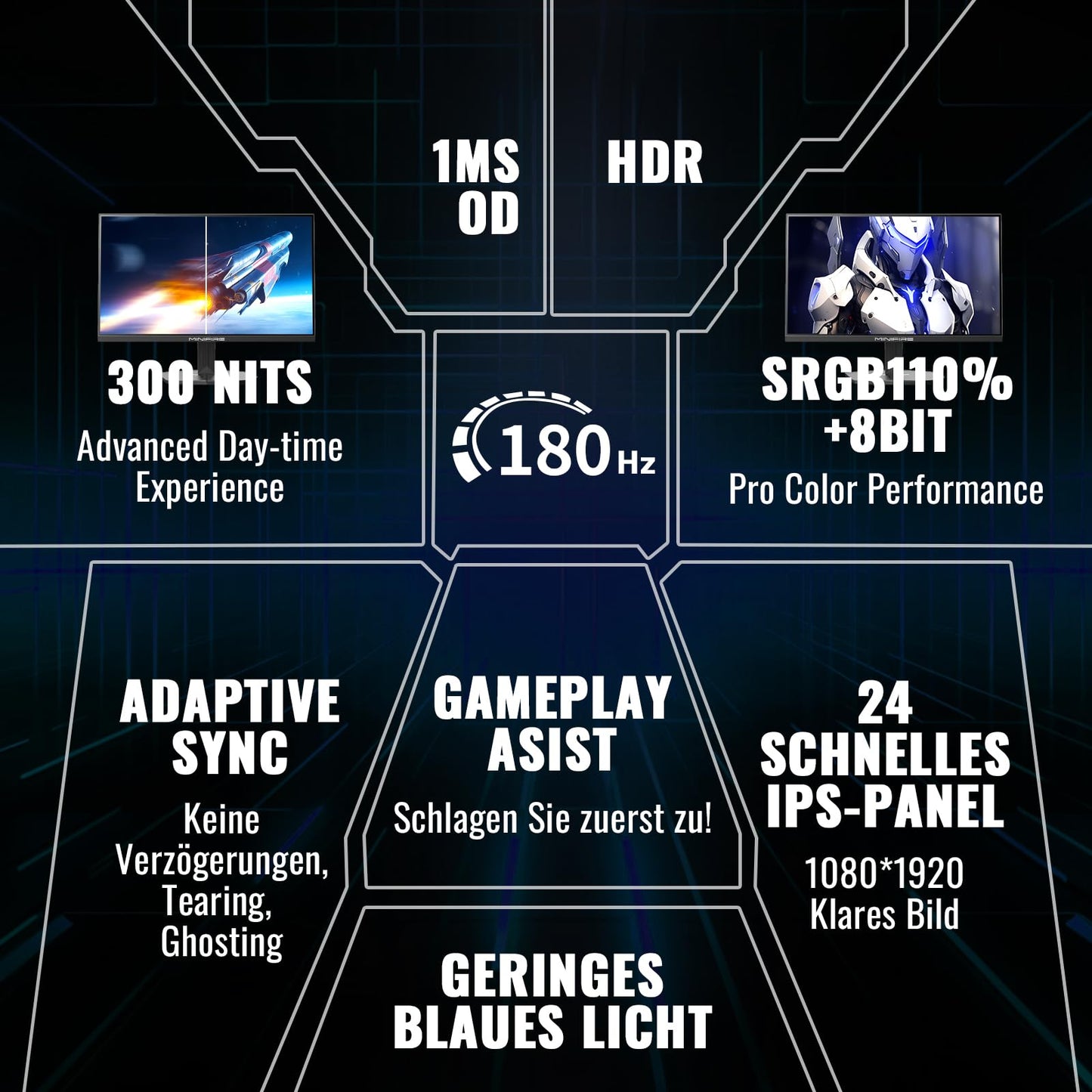 Minifire MFG32C3Q Gaming Curved Monitor 32 Inch 180Hz, 2K WQHD (2560 x 1440), 1500R, 1ms (MPRT), AMD FreeSync, sRGB 125%, VESA, 2xHDMI 2.0 / 2xDP (180Hz), Eye Care