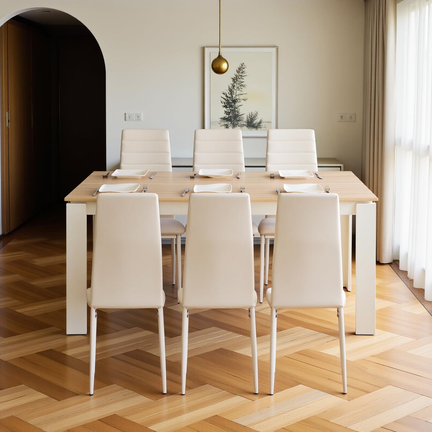 FURNITABLE Esstisch mit 6 Stühlen Esszimmergruppe, Essgruppe mit Hochlehner Kunstleder Stuhl für 6 Personen, Sitzgruppe für Küche Wohnzimmer(160cm Eiche-Weiß Tischbein Tisch+6 Schwarz Stühle)