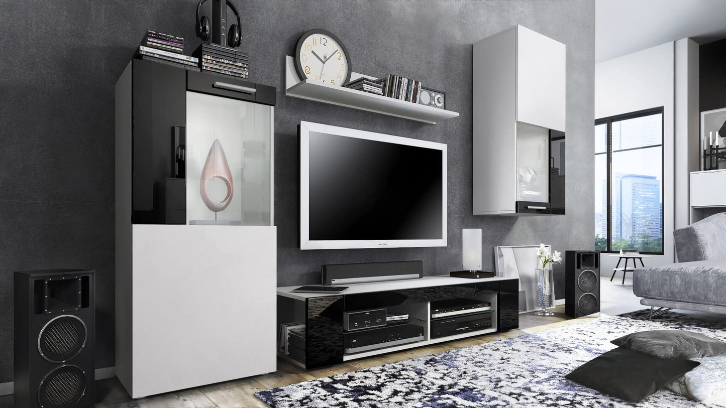 Vladon Wohnwand Movie, Anbauwand bestehend aus 1 TV-Board, 2 Vitrinen und 1 Regal, Weiß matt/Weiß matt/Weiß Hochglanz (Gesamt: 300 x 190 x 39 cm)