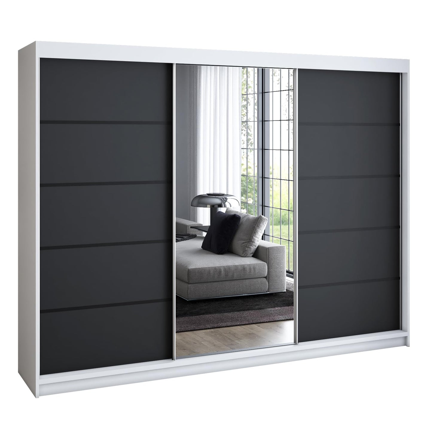 A&J MöbelLand Schwebetürenschrank VILANO 2, 3-türig Schrank 200 cm Kleiderschrank mit 4 Schubladen, und Spiegel (Weiß, Schwarz, Somona) (Schwarz/schwarz/schwarz)