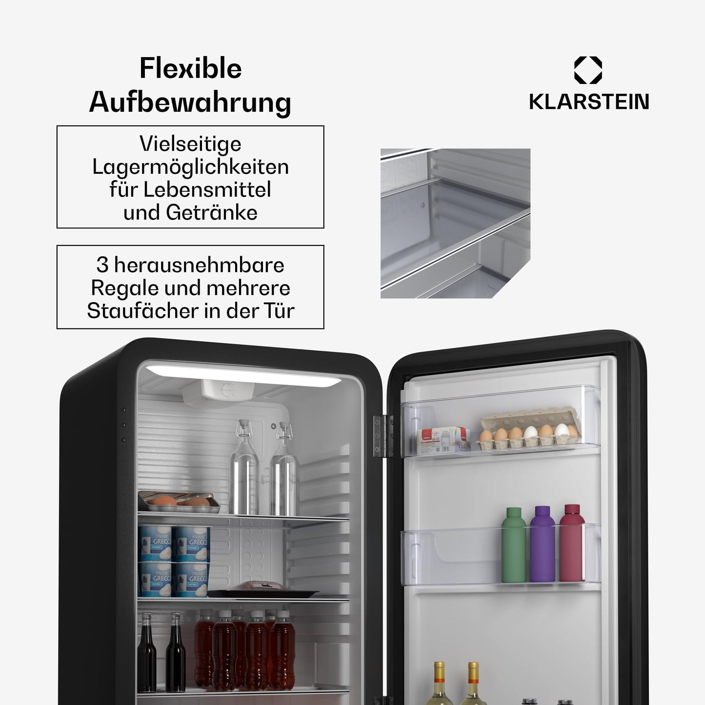Klarstein Kühlschrank, Mini-Kühlschrank für Getränke, Kühlschrank Klein, Kleiner Kühlschrank Lautlos, Skincare Fridge, Vintage Design, Camping Kühlschrank, Minikühlschrank für Zimmer, 0-10°C, 70 L
