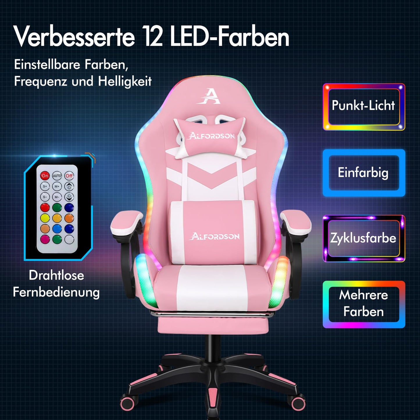 ALFORDSON Gaming Stuhl mit 8-Punkt Massage 12 Farben RGB LED-Licht, Bürostuhl Ergonomisch mit fußstützen, Kopfstütze Lendenkissen für Kinder Erwachsene, Schwarz