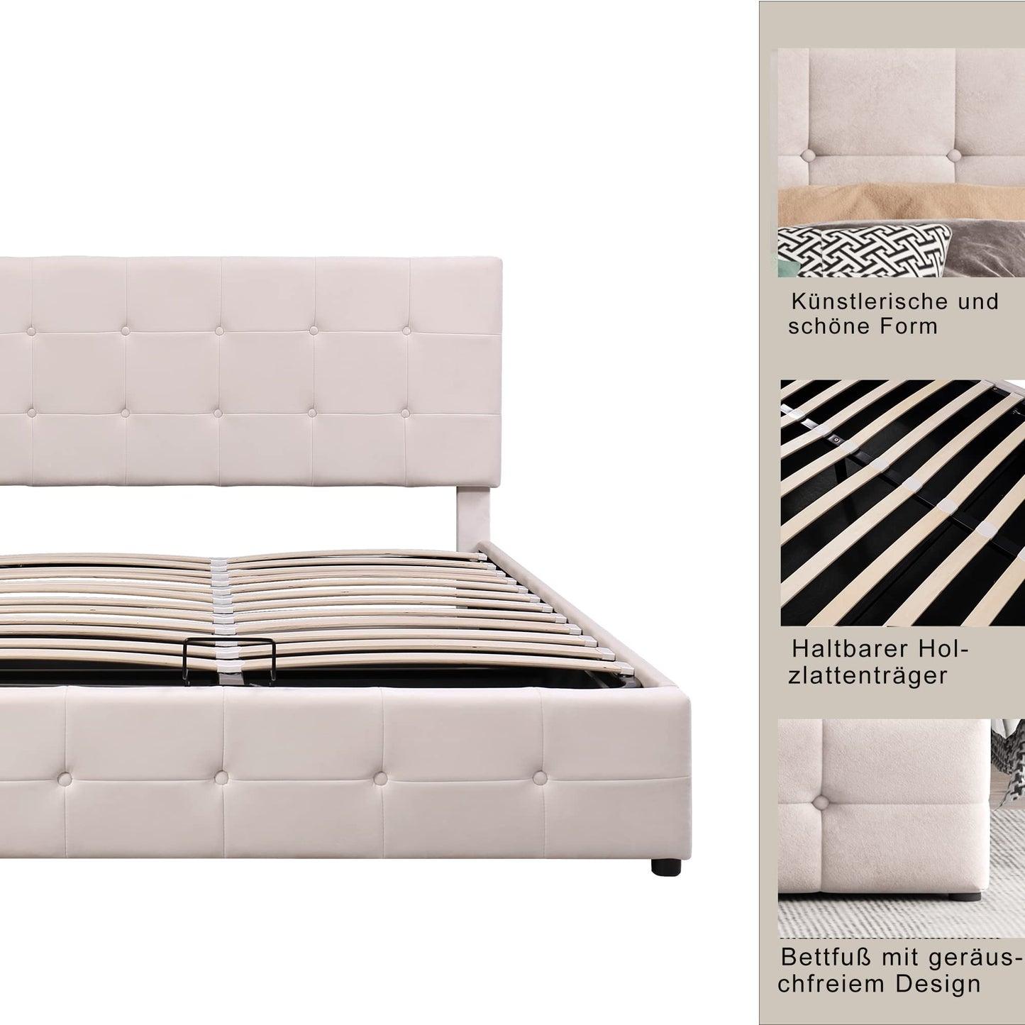 Gegtuon Upholstered Bed 140 x 200 cm, Double Bed with Headboard, Storage Bed Youth Bed with Hydraulic Storage Space Underbed, Functional Bed, Guest Bed, Bed Frame, Slatted Frame, Without Mattress,