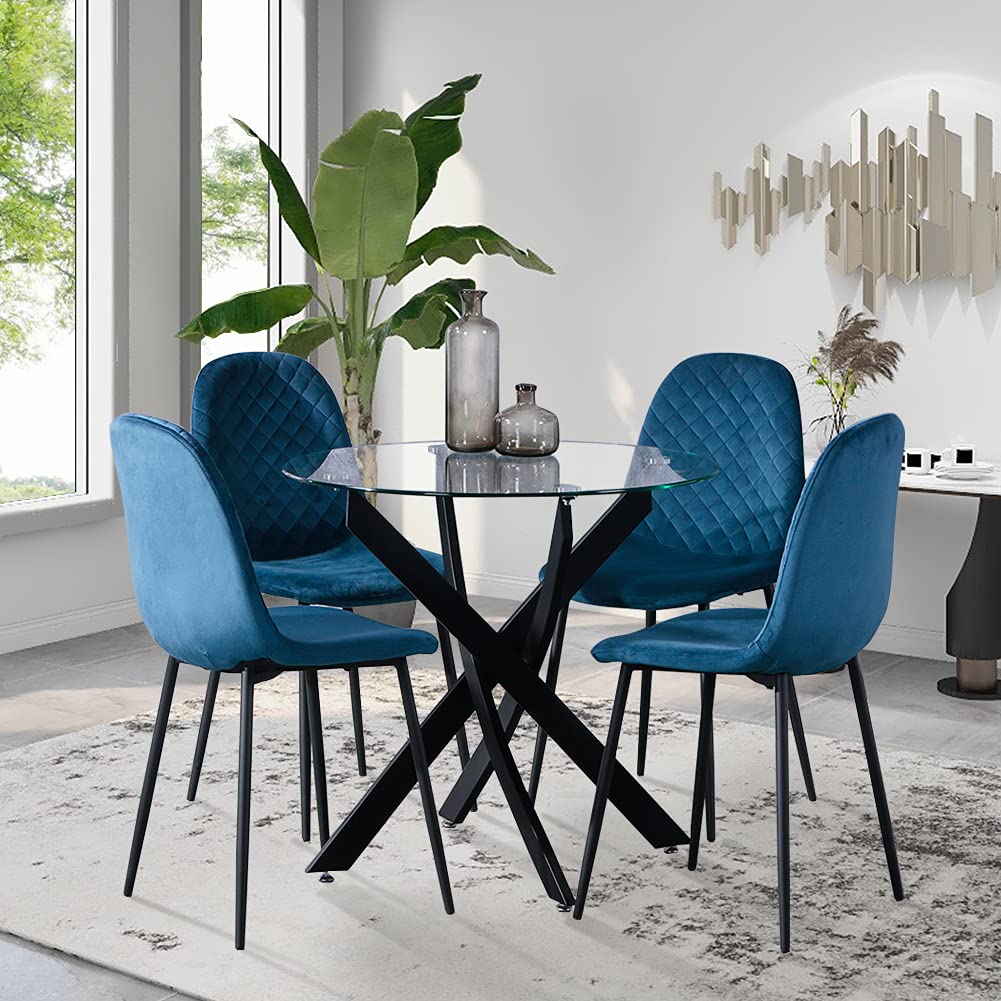GOLDFAN Dining Table with 4 Chairs Dining Table Round Glass Kitchen Table Dining Room Chair Velvet 80 cm Green