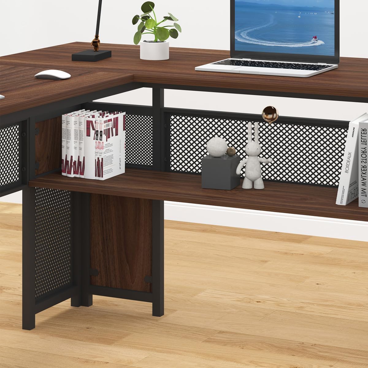 HSH - Black L Shape Corner Desk with Filing Drawers and Shelves, Reversible Corner Desk Made of Metal and Wood with Storage Cabinets